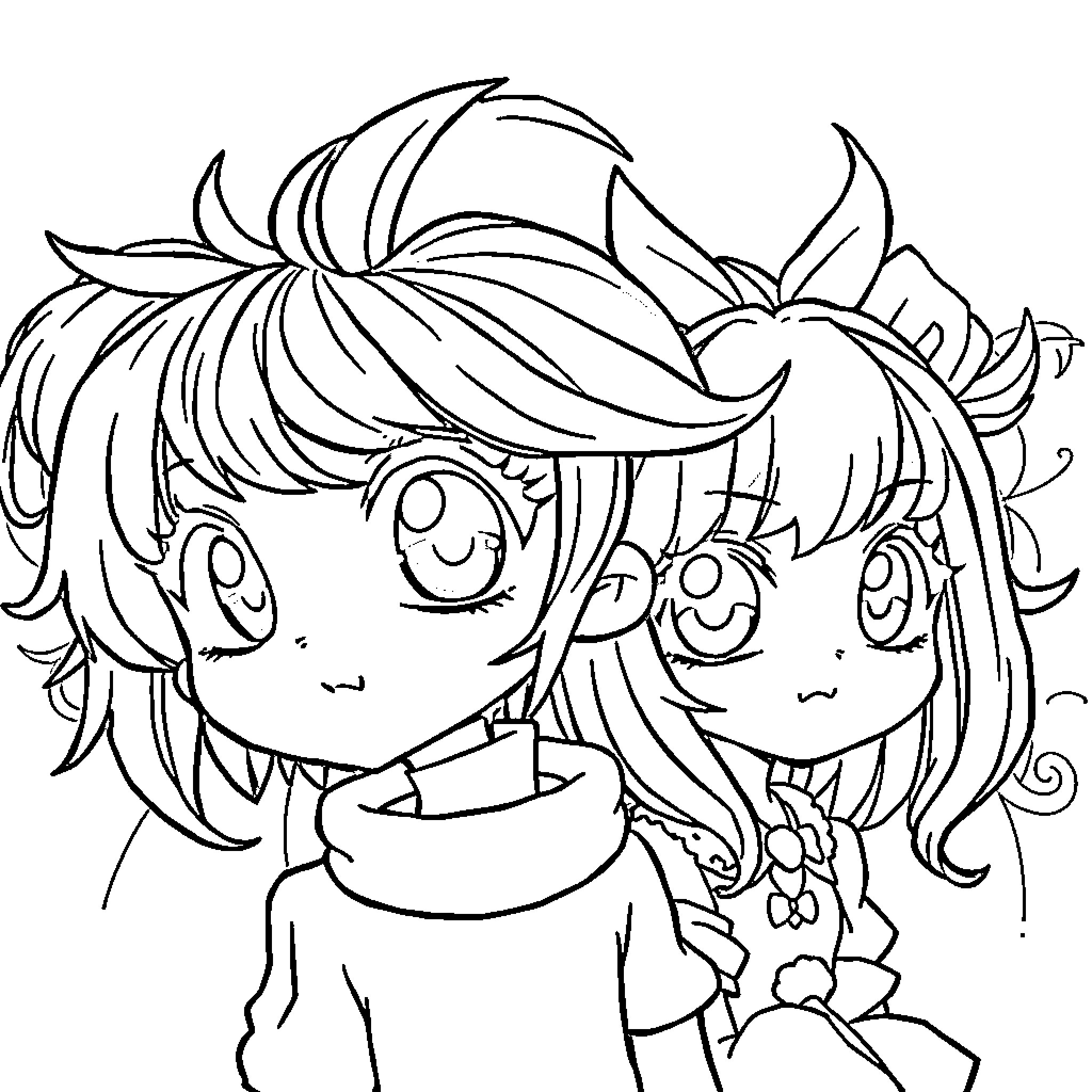 Anime Chibi Characters with Expressive Poses Coloring Page (free black-and-white line drawing printable PDF for all, from beginners to advanced learners, including children, teens, adults, and seniors)