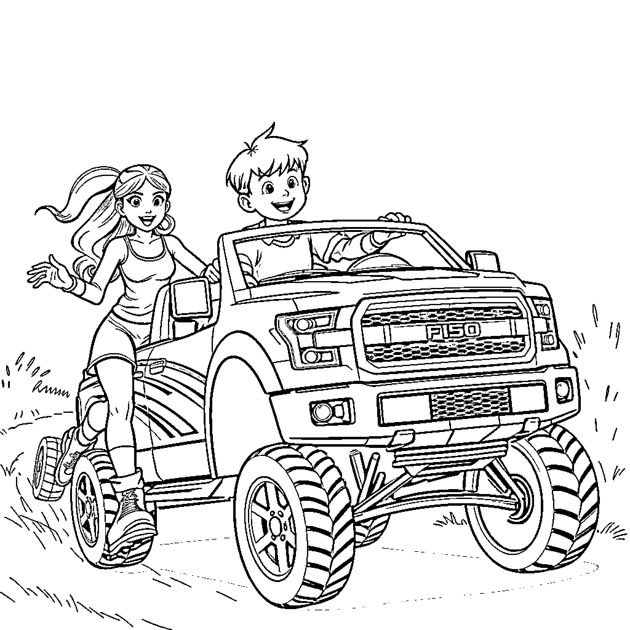 Boy and Girl Exploring in Rugged Truck Coloring Page (free black-and-white line drawing printable PDF for all, from beginners to advanced learners, including children, teens, adults, and seniors)