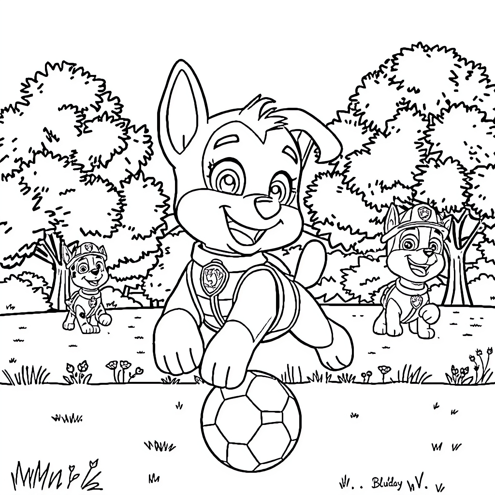 Bluey and friends playing with a soccer ball in the park Coloring Page (free black-and-white line drawing printable PDF for all, from beginners to advanced learners, including children, teens, adults, and seniors)