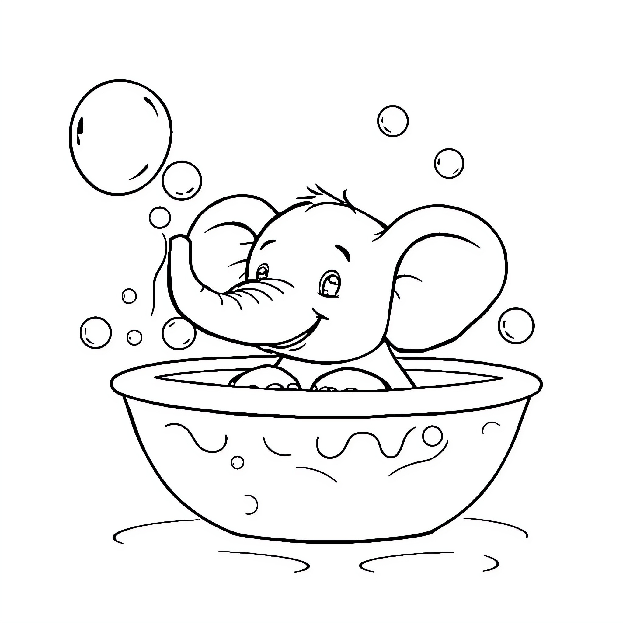 Elephant enjoying a bubbly bath Coloring Page (free black-and-white line drawing printable PDF for all, from beginners to advanced learners, including children, teens, adults, and seniors)