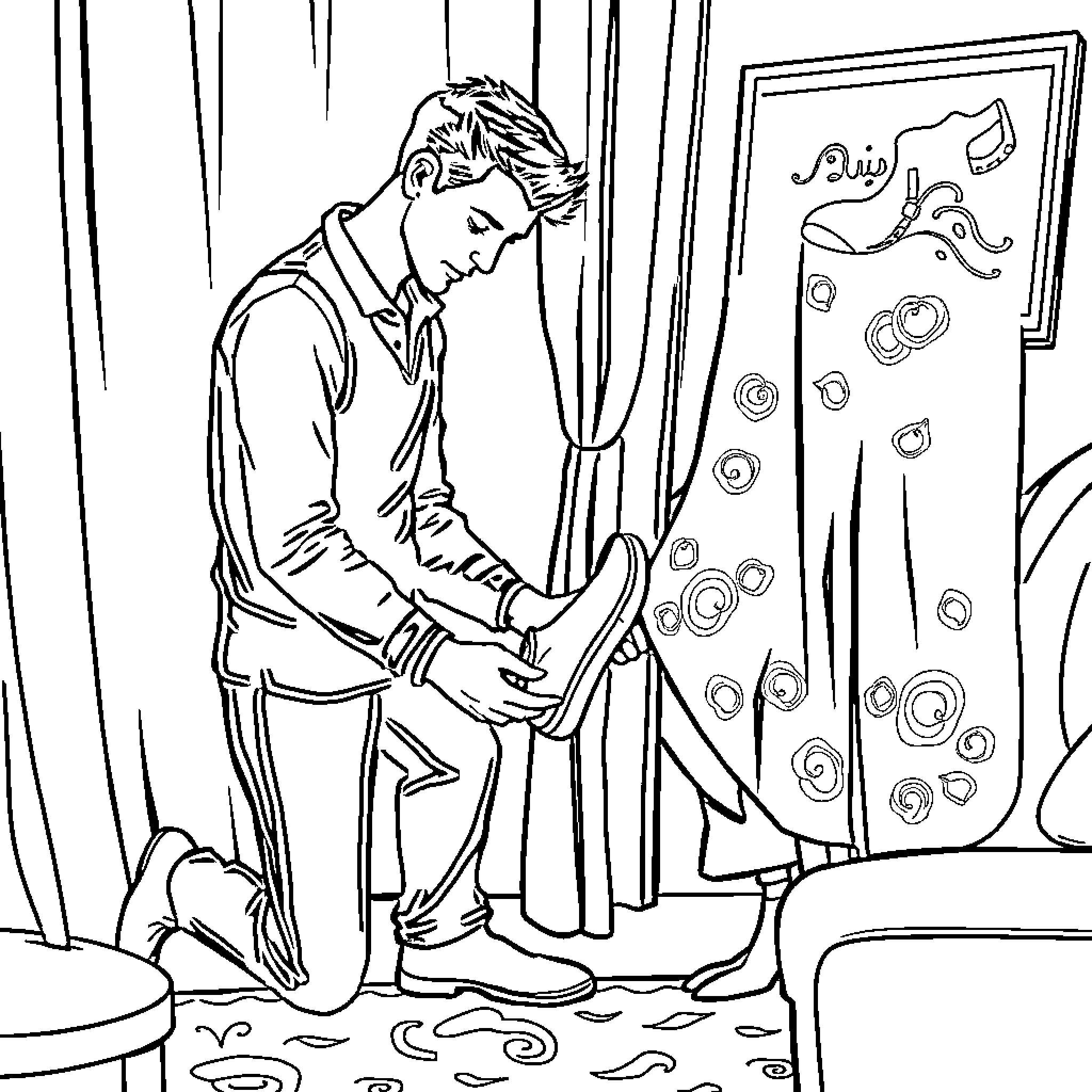 Man examining a mysterious object in a room Coloring Page (free black-and-white line drawing printable PDF for all, from beginners to advanced learners, including children, teens, adults, and seniors)