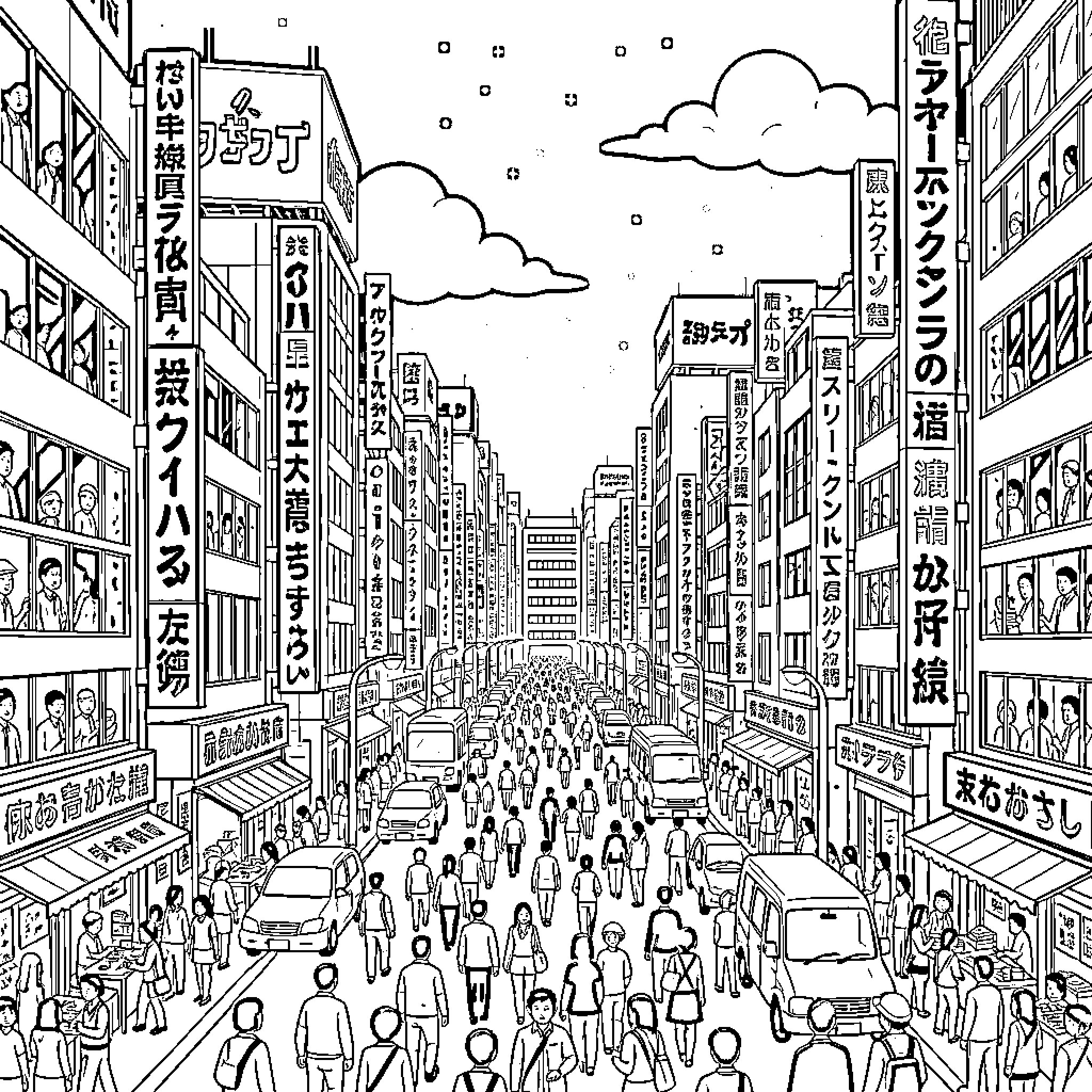 Tokyo Bustling City Street Scene with Crowds Coloring Page (free black-and-white line drawing printable PDF for all, from beginners to advanced learners, including children, teens, adults, and seniors)