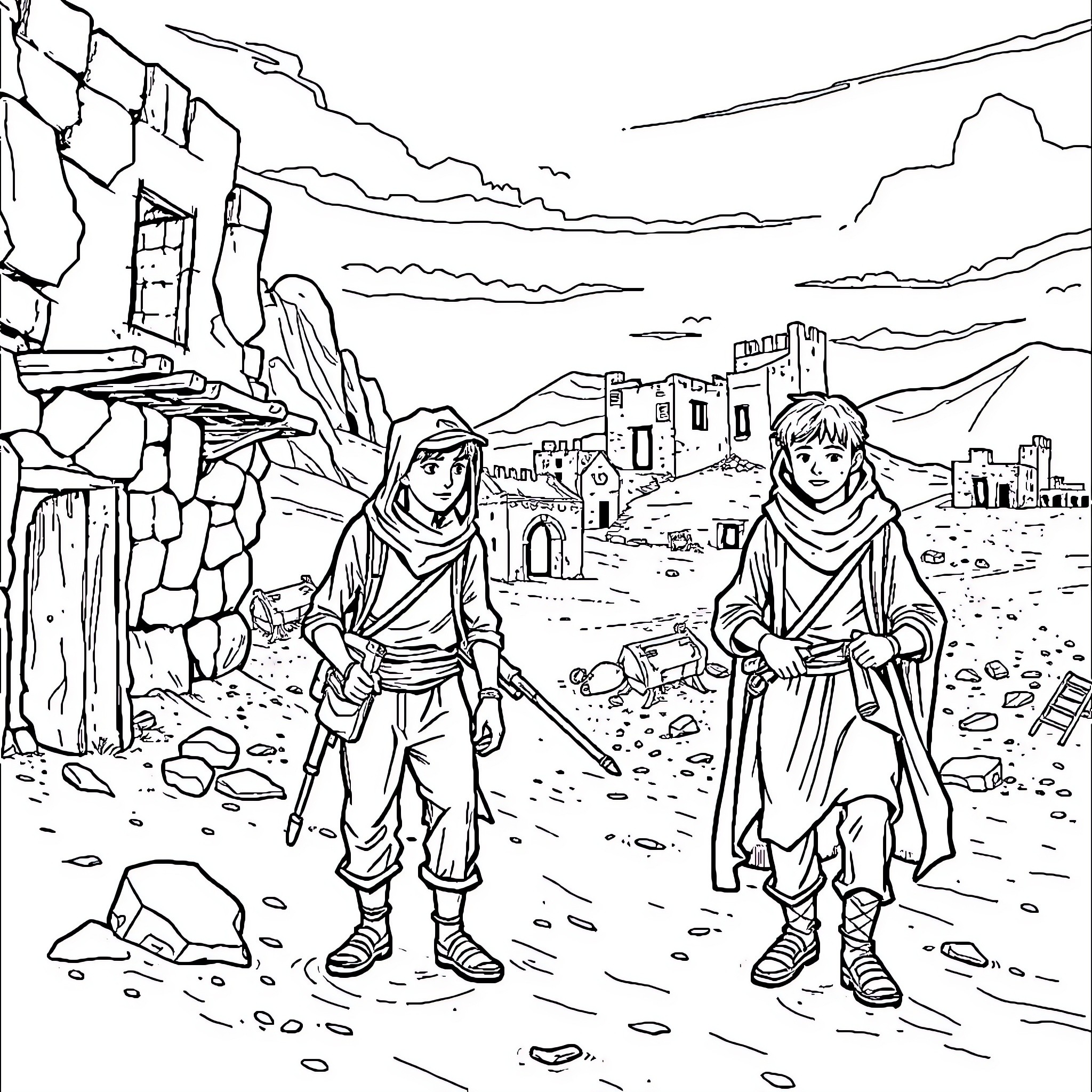 Brothers Exploring the Rugged Terrain Coloring Page (free black-and-white line drawing printable PDF for all, from beginners to advanced learners, including children, teens, adults, and seniors)