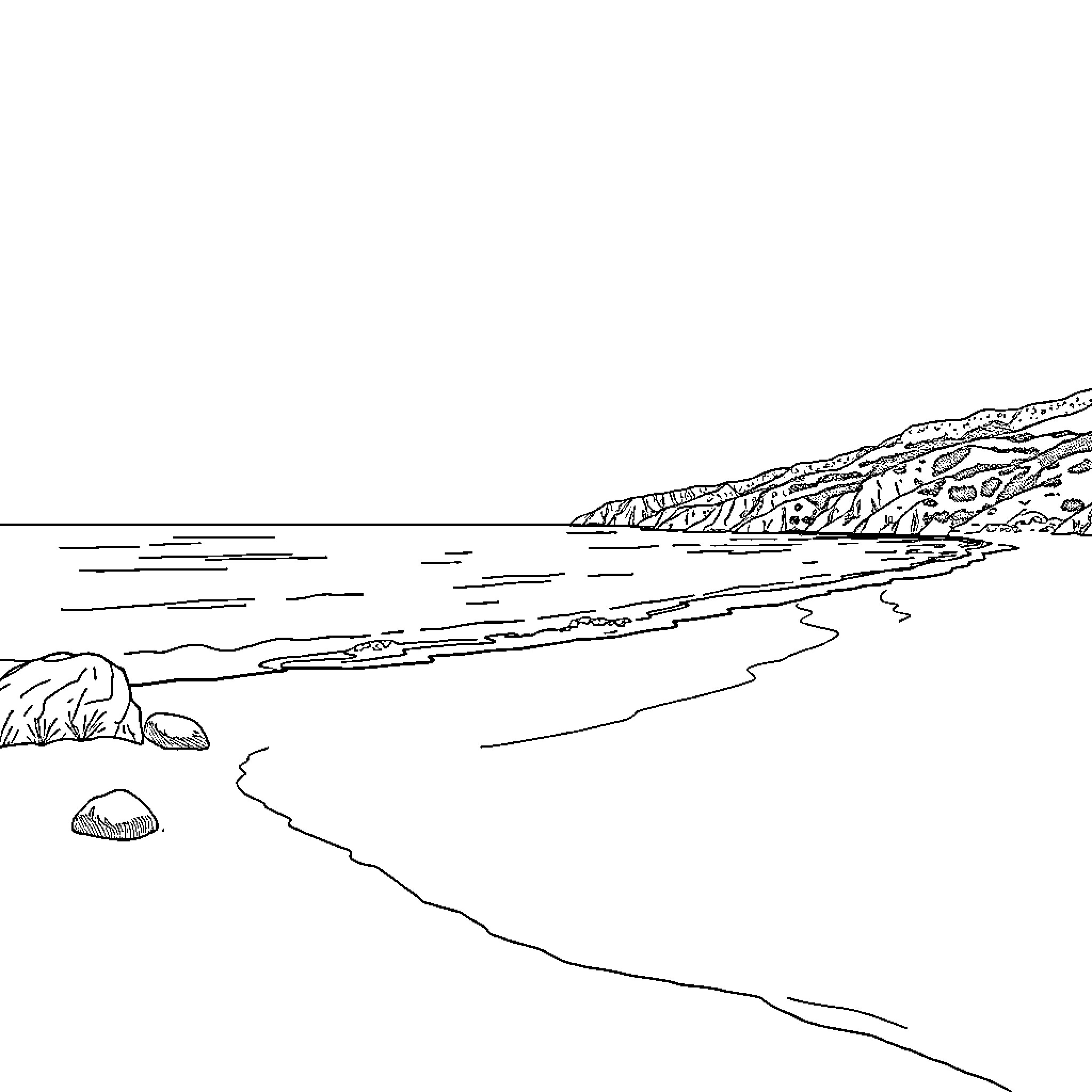 Beach scene with rocky cliffs and tranquil waves Coloring Page (free black-and-white line drawing printable PDF for all, from beginners to advanced learners, including children, teens, adults, and seniors)