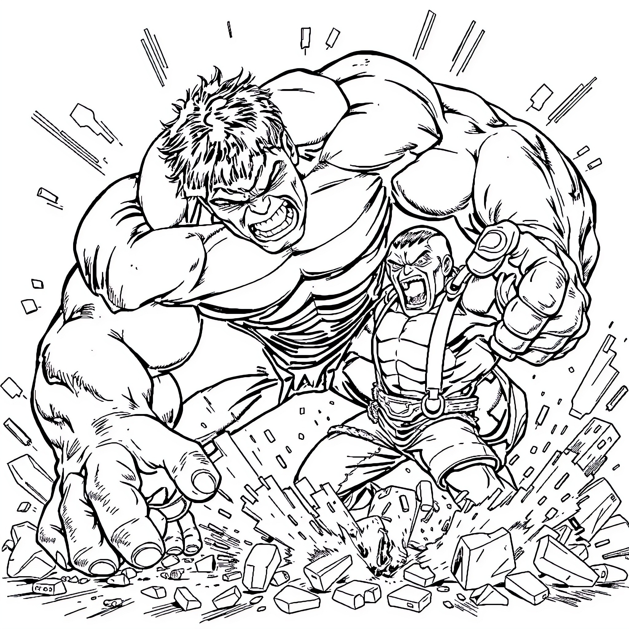 Hulk smashing through the chaos Coloring Page (free black-and-white line drawing printable PDF for all, from beginners to advanced learners, including children, teens, adults, and seniors)