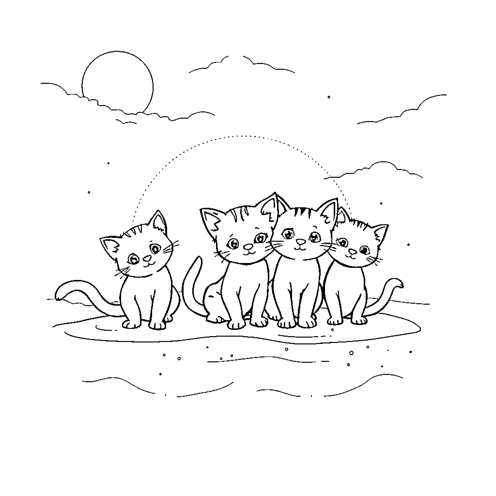 Gabby and her kitten companions explore the outdoors Coloring Page (free black-and-white line drawing printable PDF for all, from beginners to advanced learners, including children, teens, adults, and seniors)