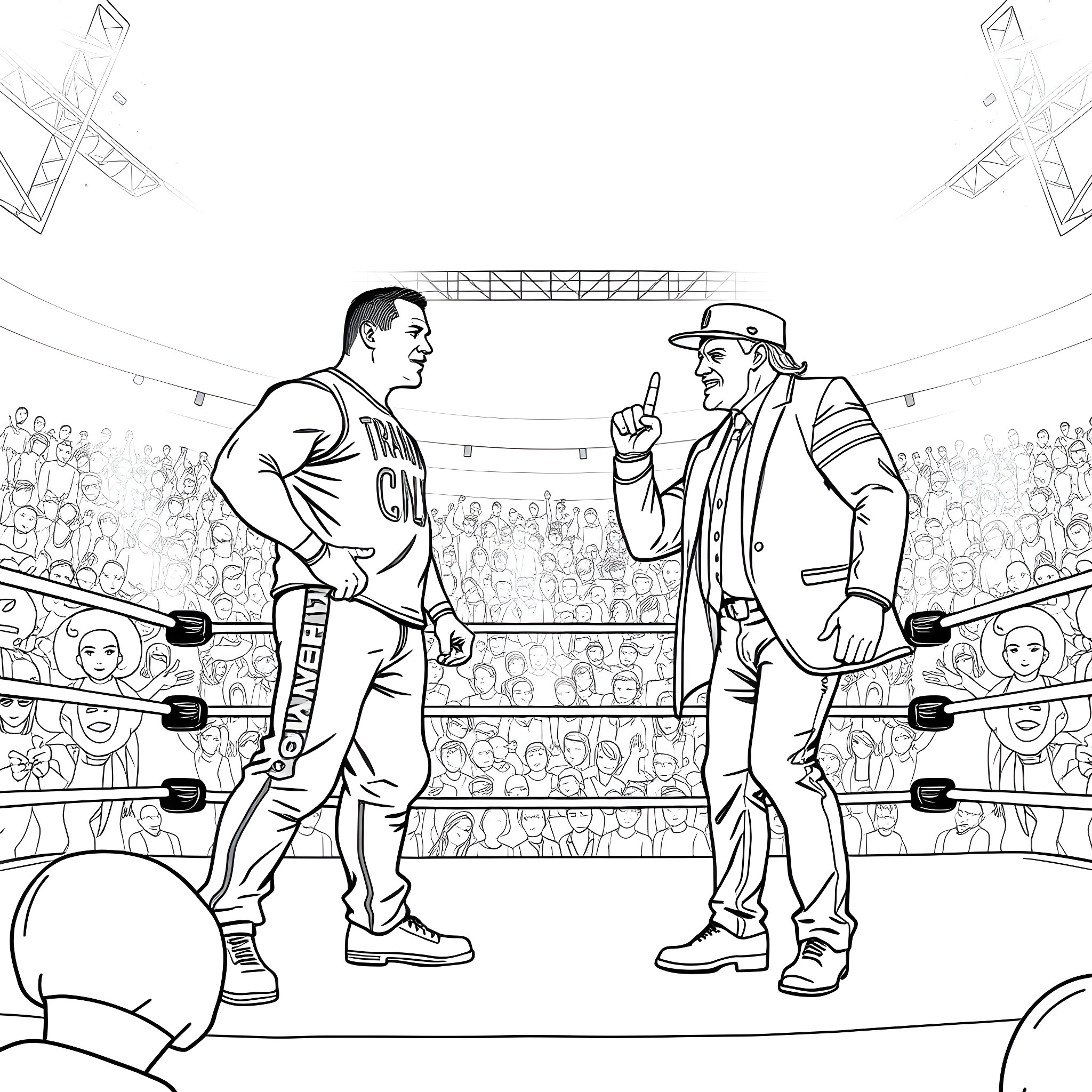 John Cena facing off against a wrestler in the ring Coloring Page (free black-and-white line drawing printable PDF for all, from beginners to advanced learners, including children, teens, adults, and seniors)