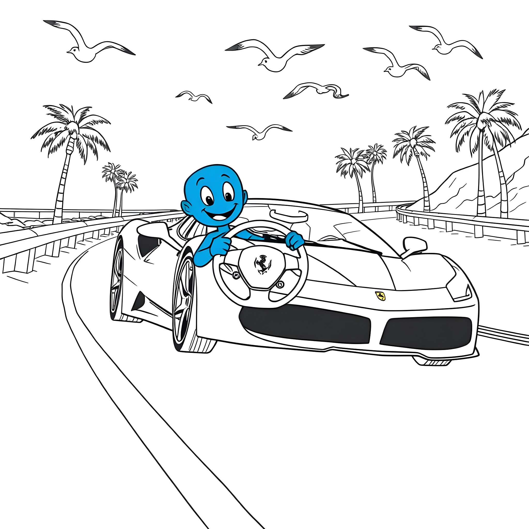 Bluey's Fun-Filled Ride in the Supercar Coloring Page (free black-and-white line drawing printable PDF for all, from beginners to advanced learners, including children, teens, adults, and seniors)