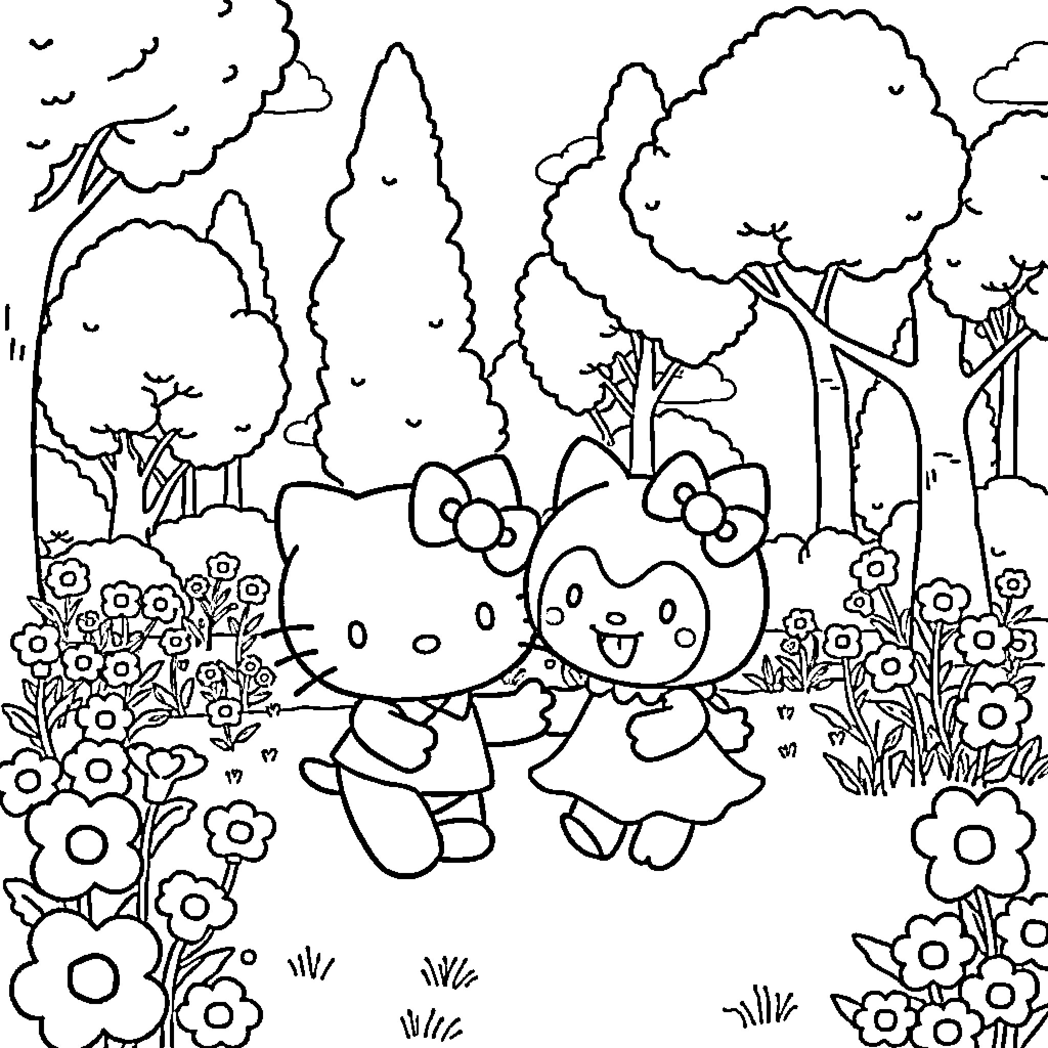 Hello Kitty and Friends Explore Whimsical Forest Coloring Page (free black-and-white line drawing printable PDF for all, from beginners to advanced learners, including children, teens, adults, and seniors)