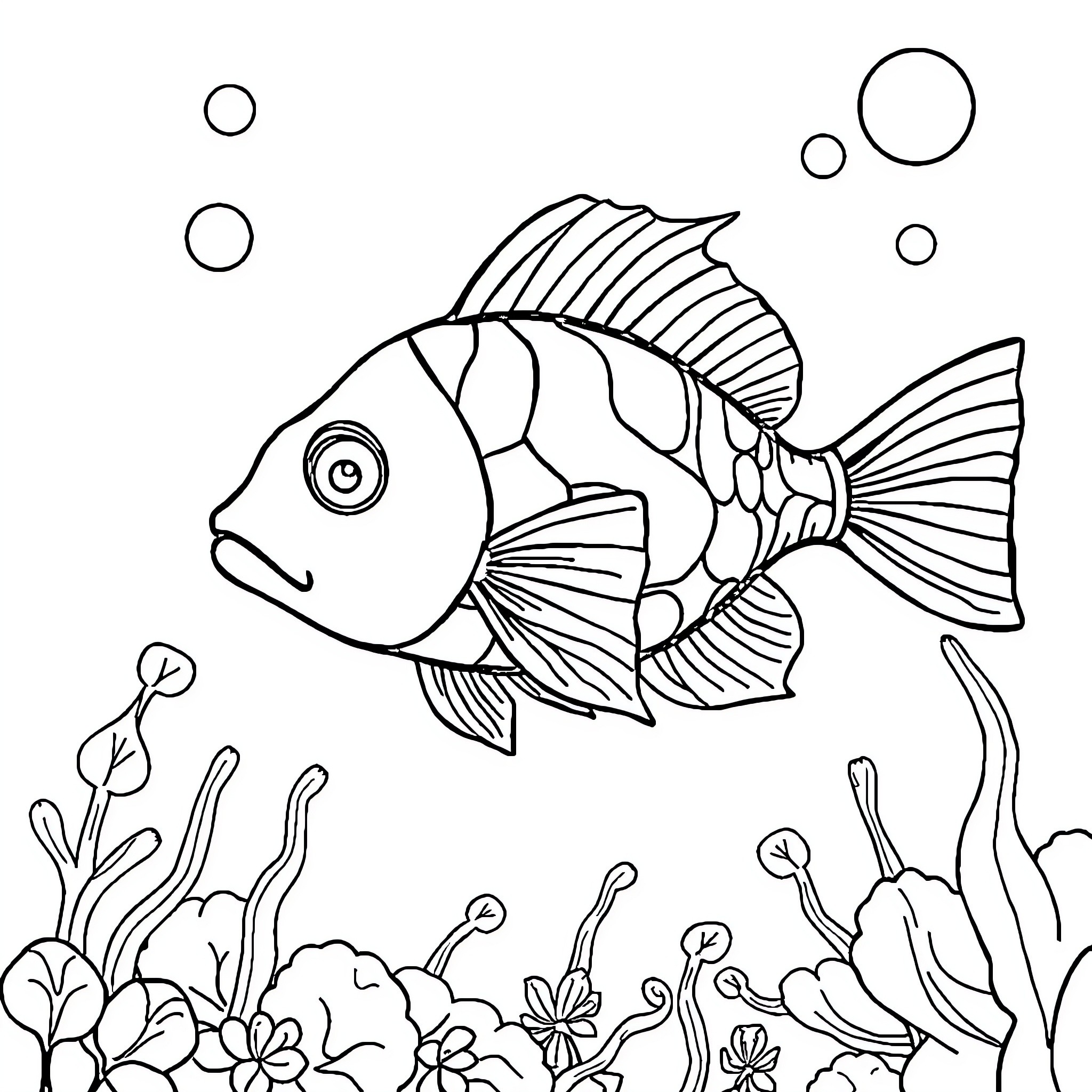 Fish swimming amidst underwater plants and bubbles Coloring Page (free black-and-white line drawing printable PDF for all, from beginners to advanced learners, including children, teens, adults, and seniors)