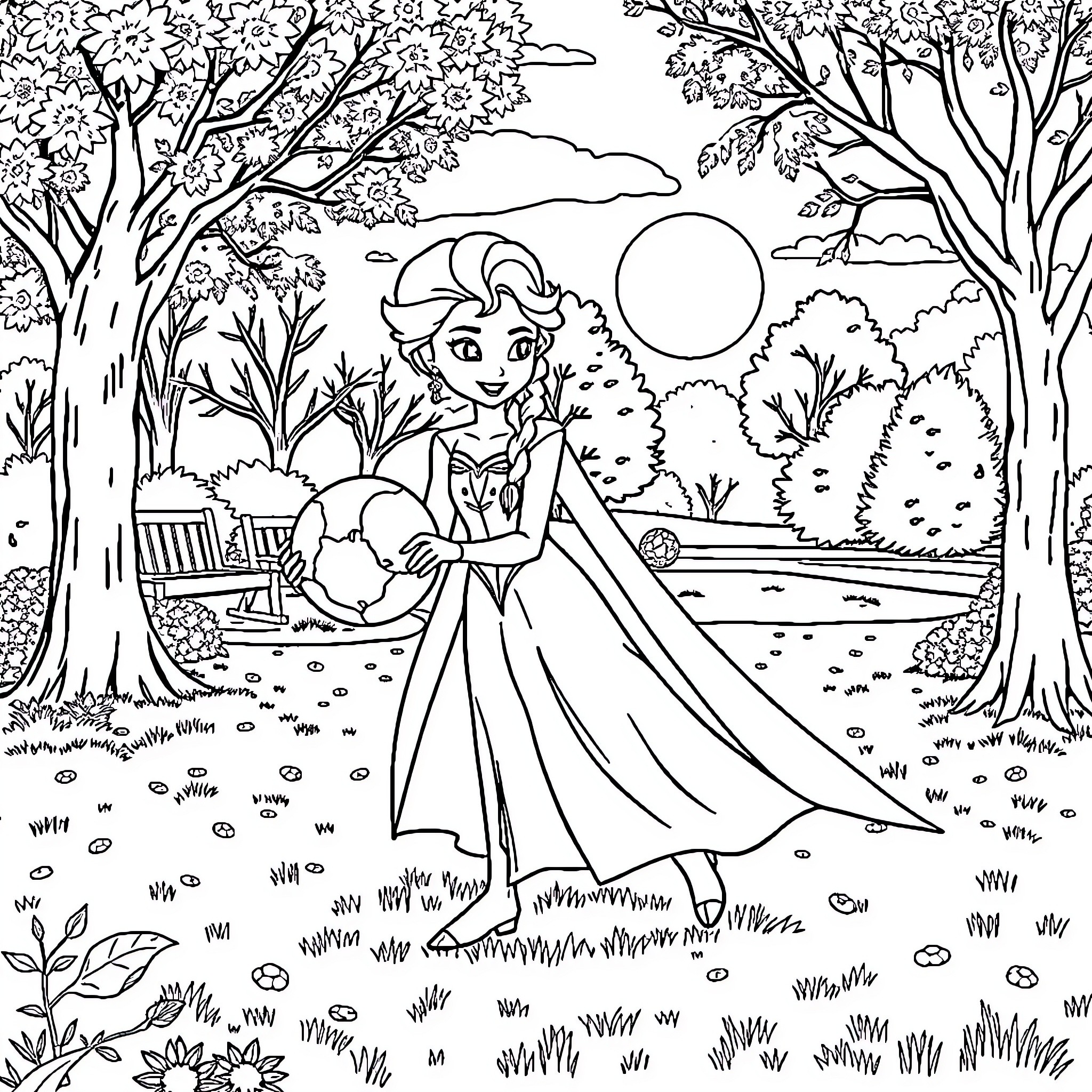 Elsa in a Serene Forest Landscape Coloring Page (free black-and-white line drawing printable PDF for all, from beginners to advanced learners, including children, teens, adults, and seniors)