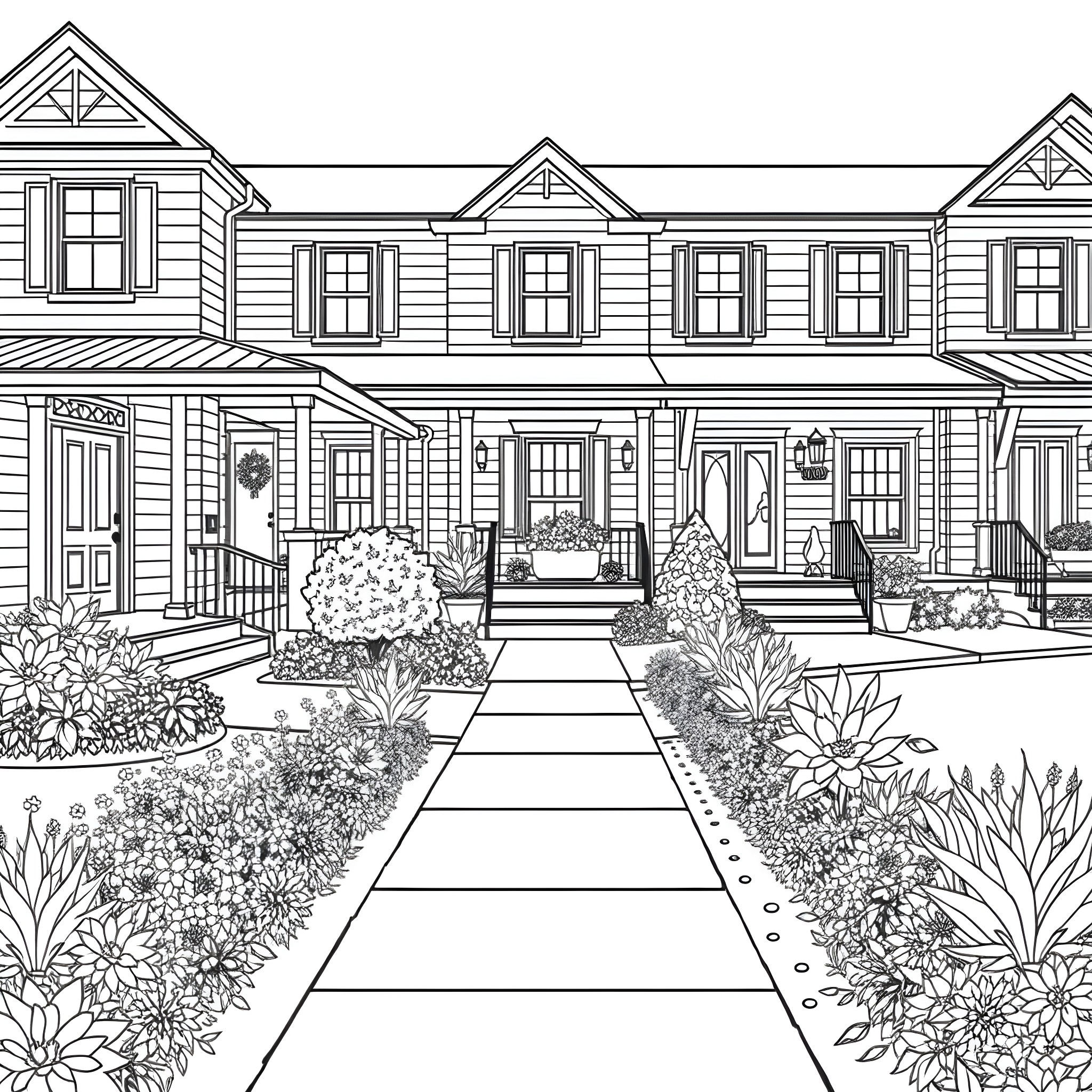Townhouse with decorative entrances and blooming garden Coloring Page (free black-and-white line drawing printable PDF for all, from beginners to advanced learners, including children, teens, adults, and seniors)