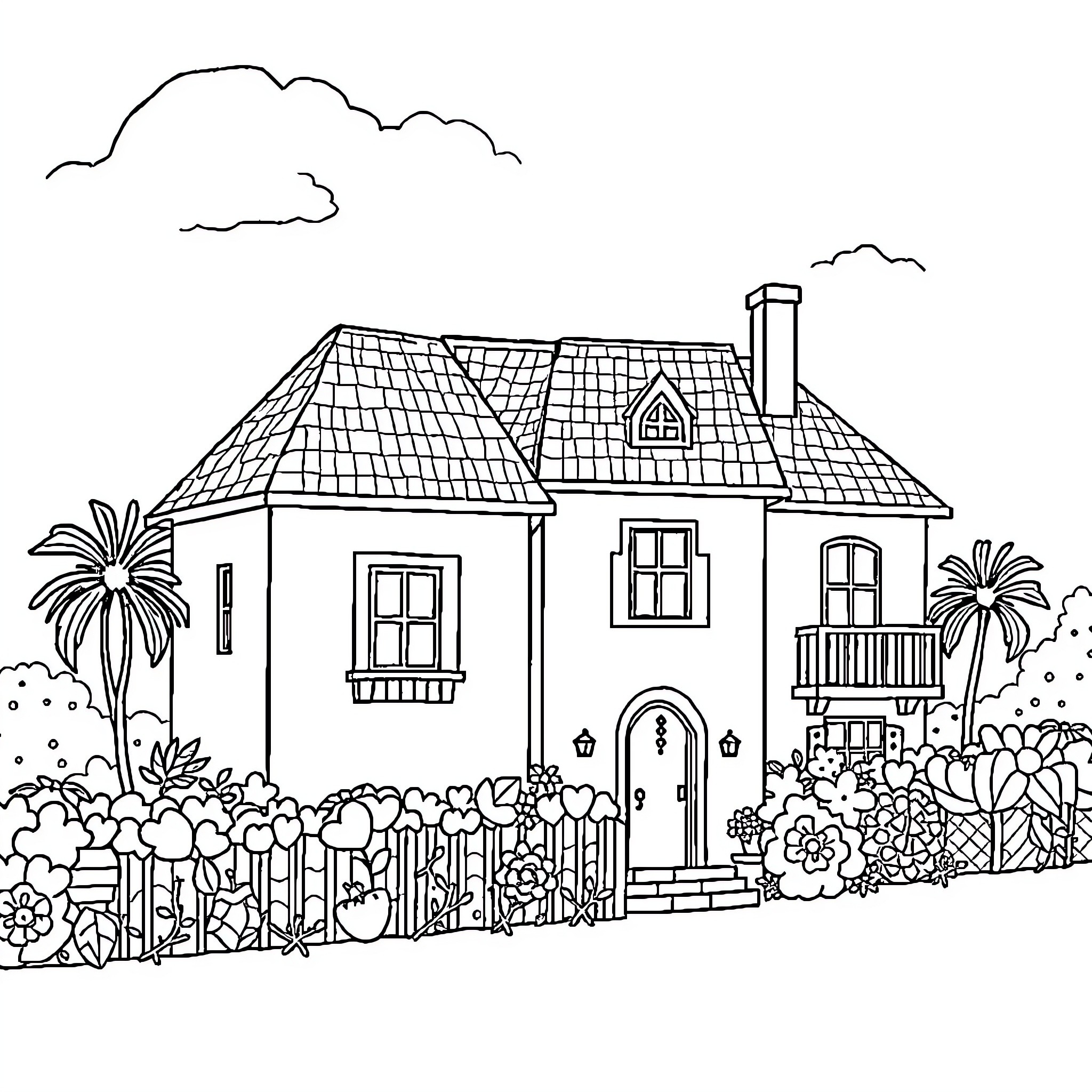 House with lush garden and palm trees Coloring Page (free black-and-white line drawing printable PDF for all, from beginners to advanced learners, including children, teens, adults, and seniors)