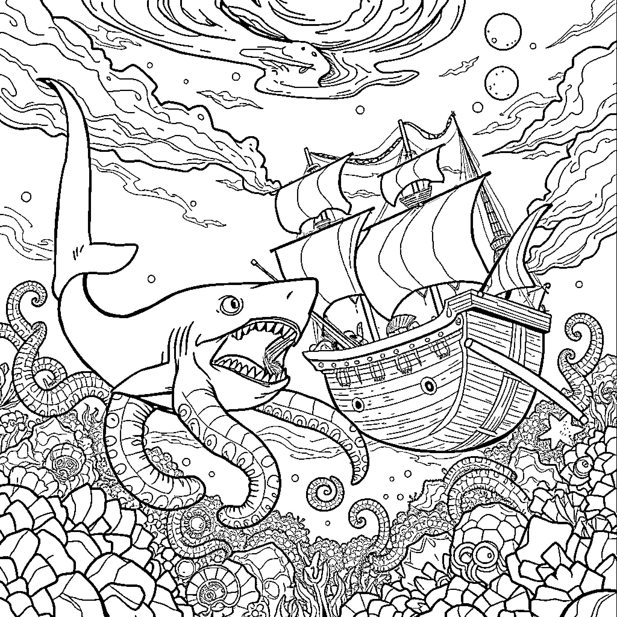 Shark attacking pirate ship in the sea Coloring Page (free black-and-white line drawing printable PDF for all, from beginners to advanced learners, including children, teens, adults, and seniors)