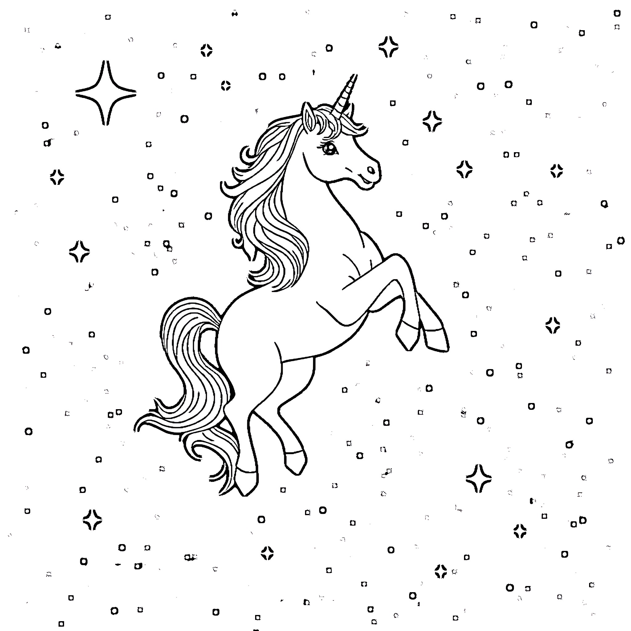 Unicorn dancing amidst the stars Coloring Page (free black-and-white line drawing printable PDF for all, from beginners to advanced learners, including children, teens, adults, and seniors)
