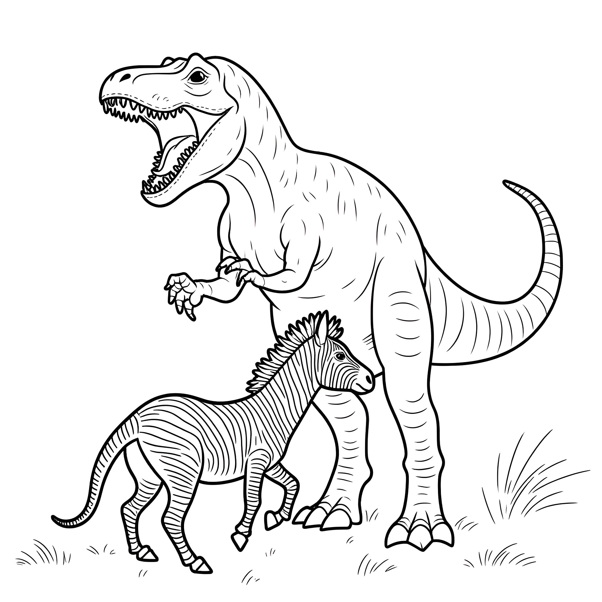 T-Rex stalking a zebra in the wild Coloring Page (free black-and-white line drawing printable PDF for all, from beginners to advanced learners, including children, teens, adults, and seniors)