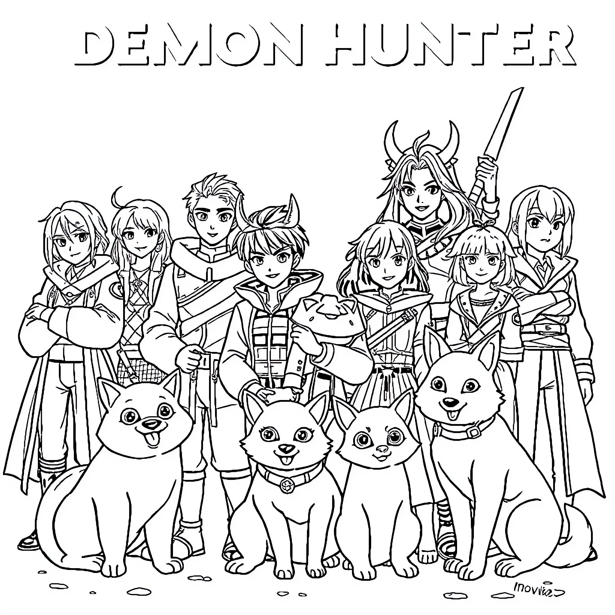 Kpop Demon Hunter: Anime-inspired Heroes and Companions Coloring Page (free black-and-white line drawing printable PDF for all, from beginners to advanced learners, including children, teens, adults, and seniors)