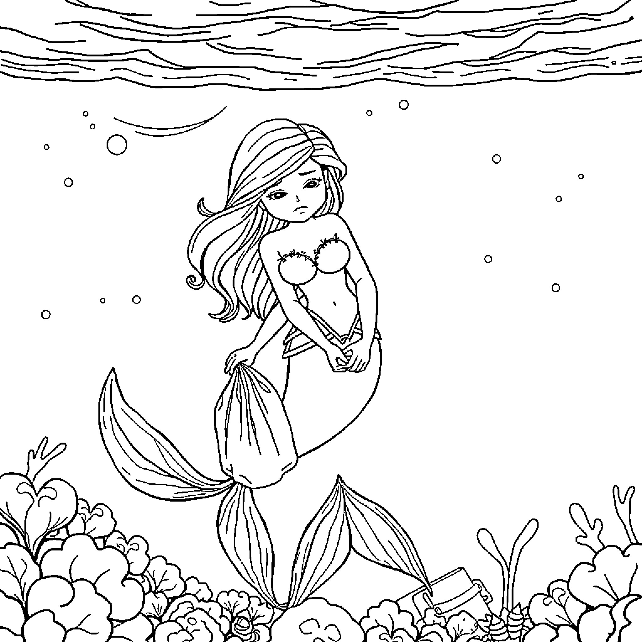 Mermaid exploring the underwater world Coloring Page (free black-and-white line drawing printable PDF for all, from beginners to advanced learners, including children, teens, adults, and seniors)