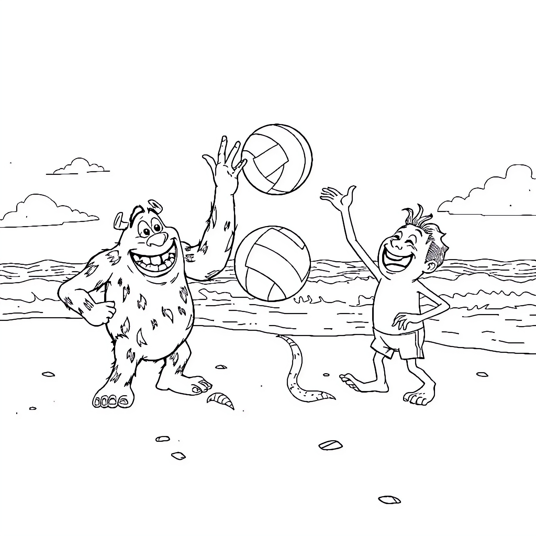Sully and friends playing beach volleyball Coloring Page (free black-and-white line drawing printable PDF for all, from beginners to advanced learners, including children, teens, adults, and seniors)