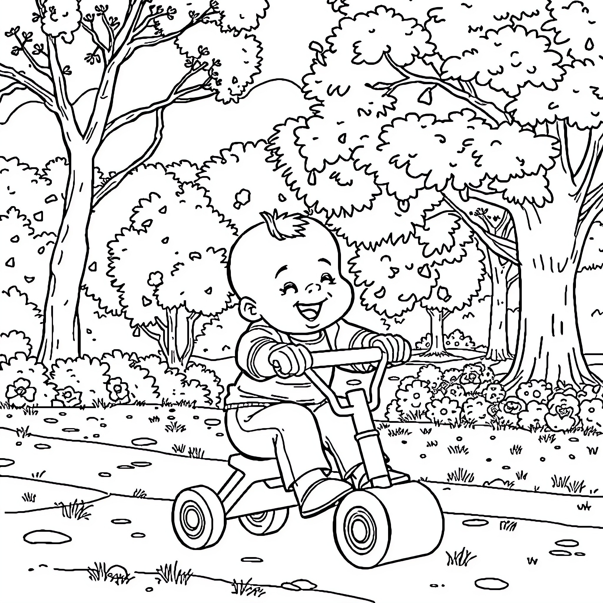 Bebe exploring the forest on tricycle Coloring Page (free black-and-white line drawing printable PDF for all, from beginners to advanced learners, including children, teens, adults, and seniors)