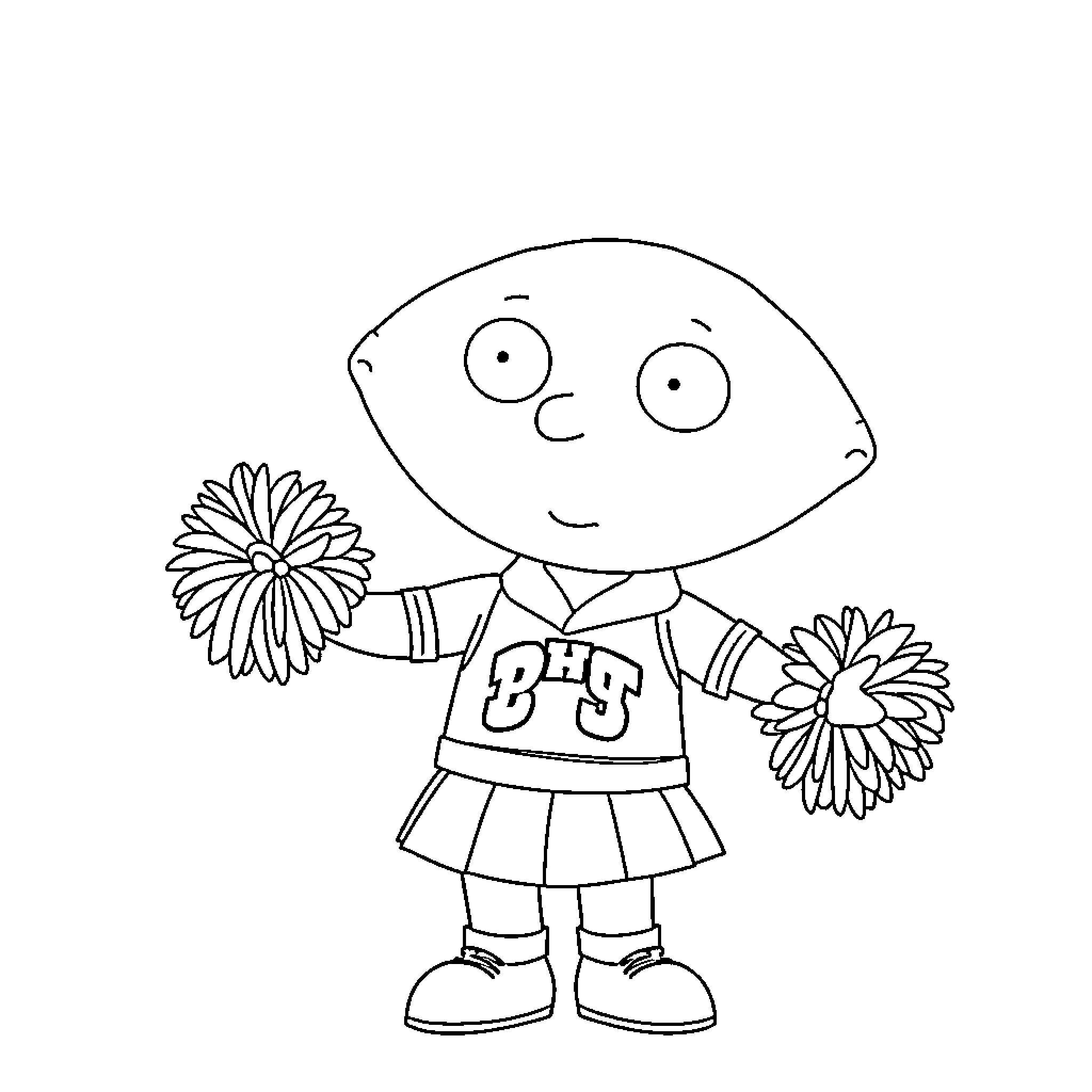 Stewie Griffin as a cheerleader with pom-poms Coloring Page (free black-and-white line drawing printable PDF for all, from beginners to advanced learners, including children, teens, adults, and seniors)