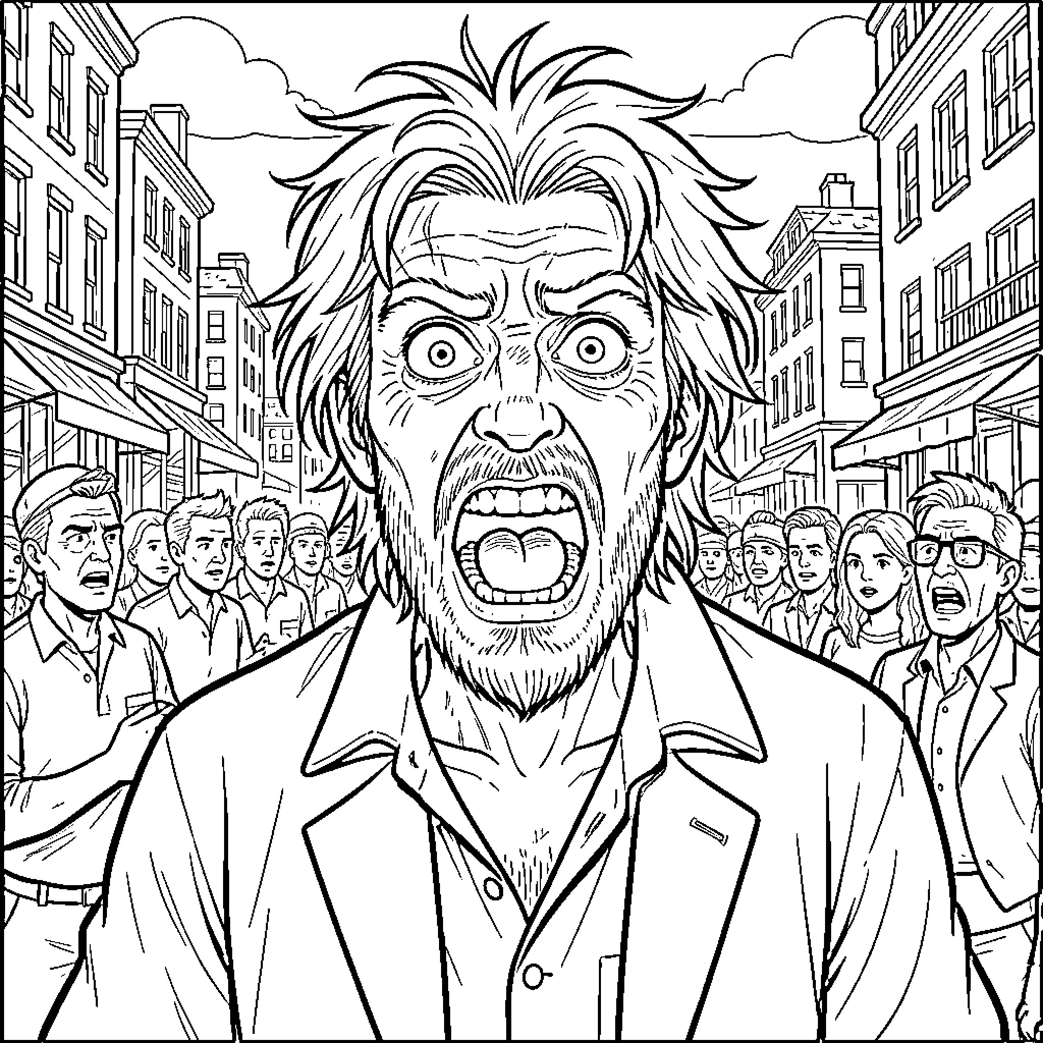 Mad Man's Distressed Outburst in the City Crowd Coloring Page (free black-and-white line drawing printable PDF for all, from beginners to advanced learners, including children, teens, adults, and seniors)