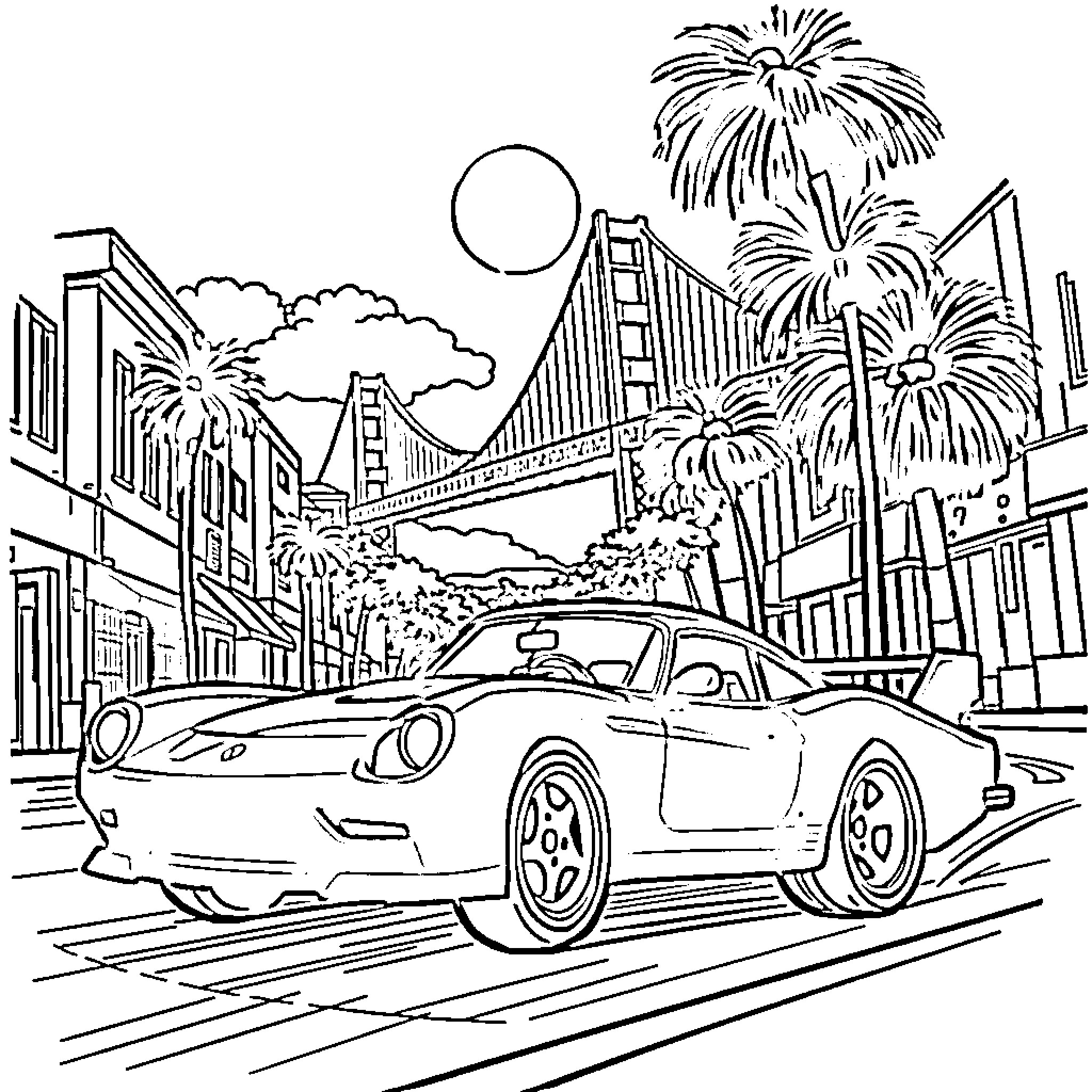 Hot Wheel Race on San Francisco Streets Coloring Page (free black-and-white line drawing printable PDF for all, from beginners to advanced learners, including children, teens, adults, and seniors)