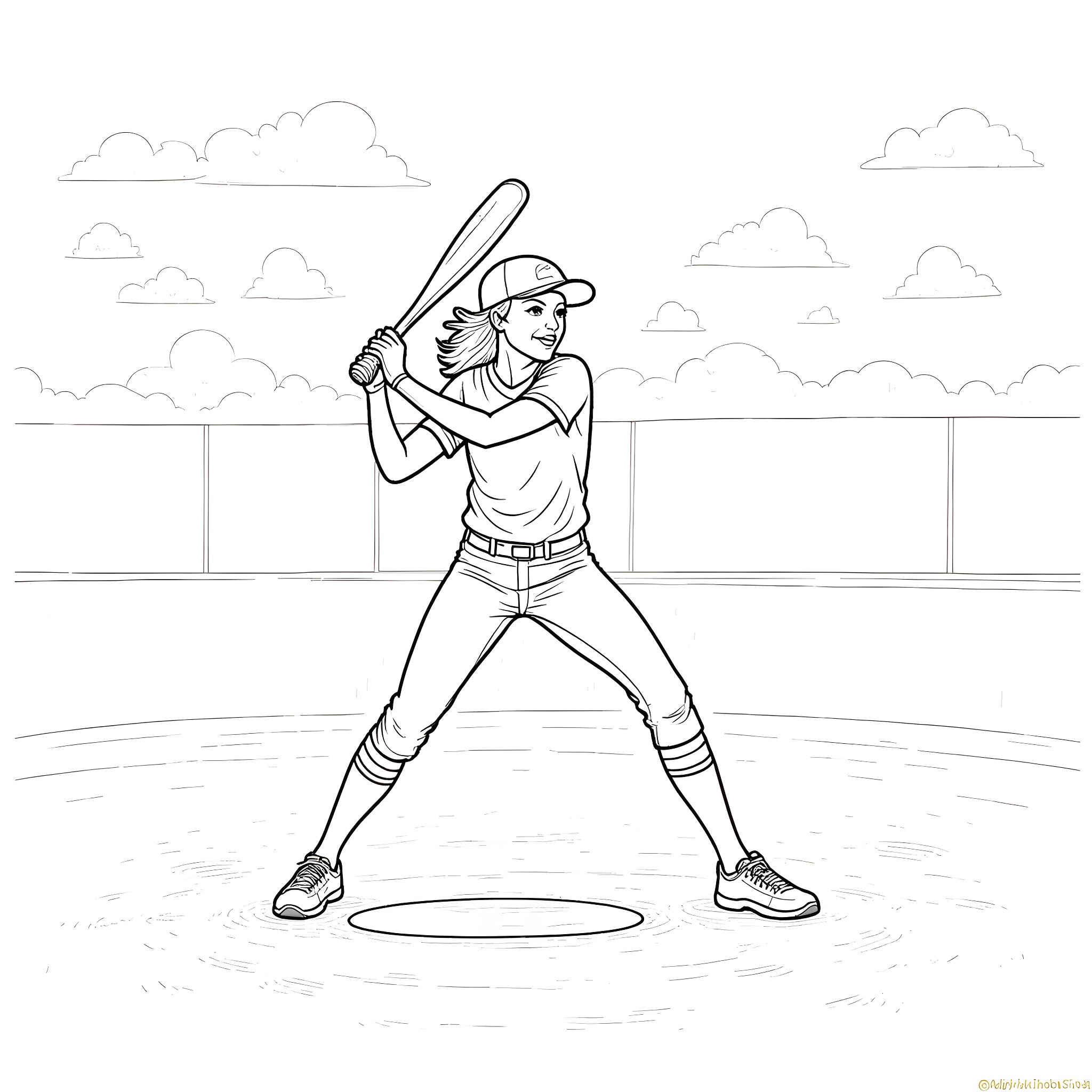 Taylor Swift batting at baseball stadium Coloring Page (free black-and-white line drawing printable PDF for all, from beginners to advanced learners, including children, teens, adults, and seniors)