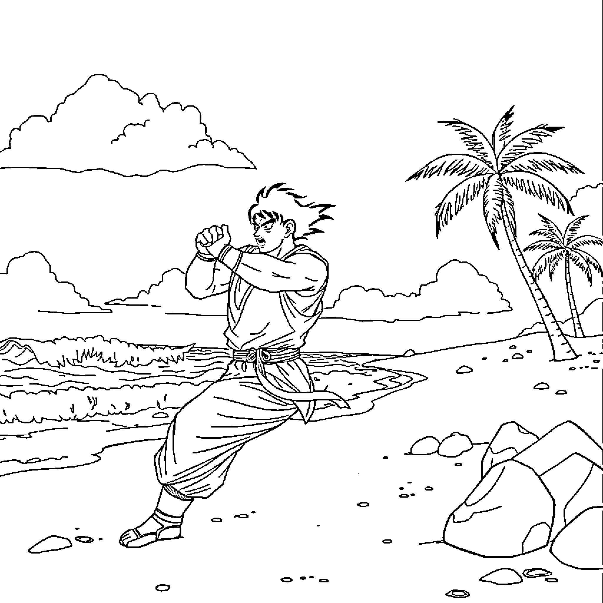 Jotaro standing determinedly on a tropical beach Coloring Page (free black-and-white line drawing printable PDF for all, from beginners to advanced learners, including children, teens, adults, and seniors)