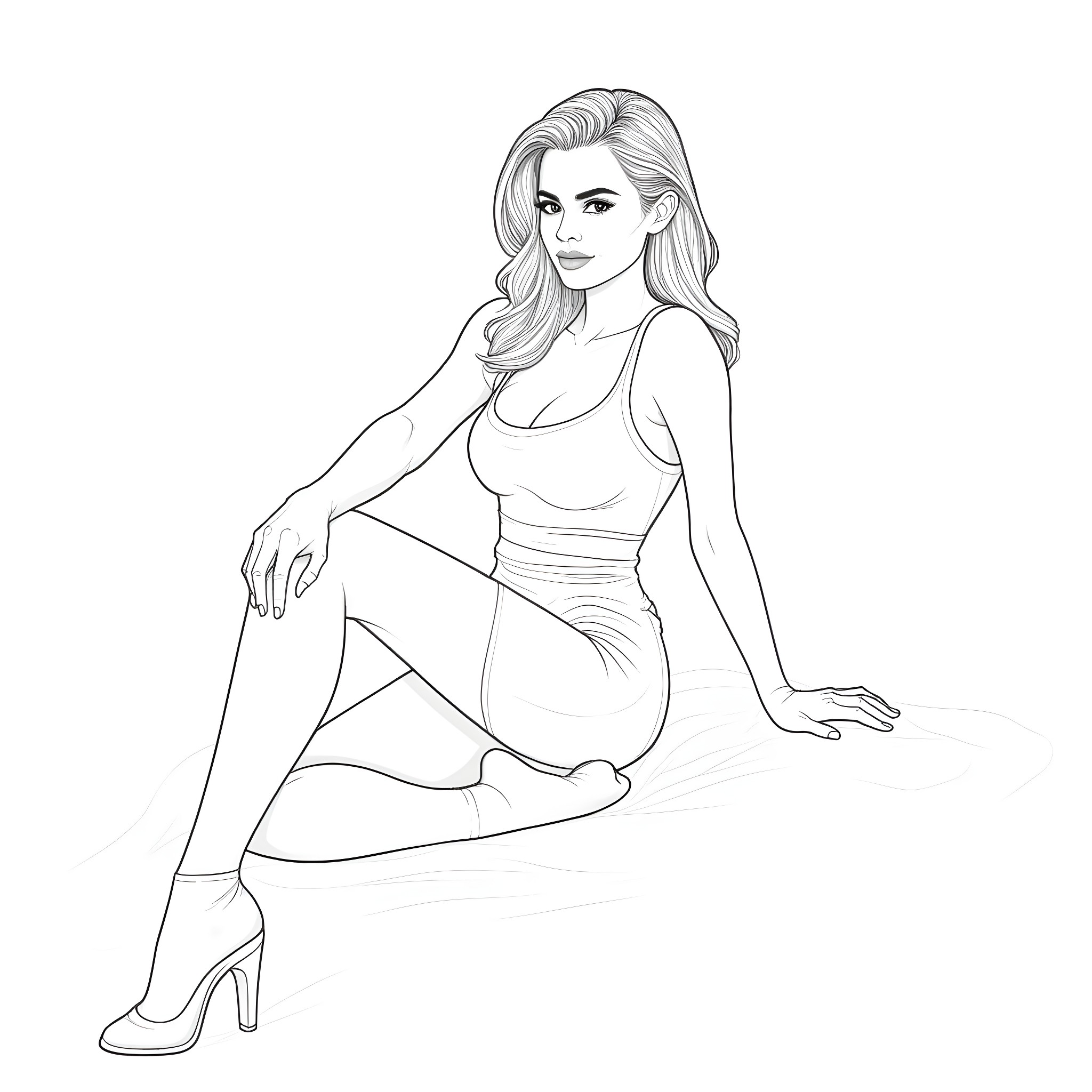 Margot Robbie posing in casual attire Coloring Page (free black-and-white line drawing printable PDF for all, from beginners to advanced learners, including children, teens, adults, and seniors)