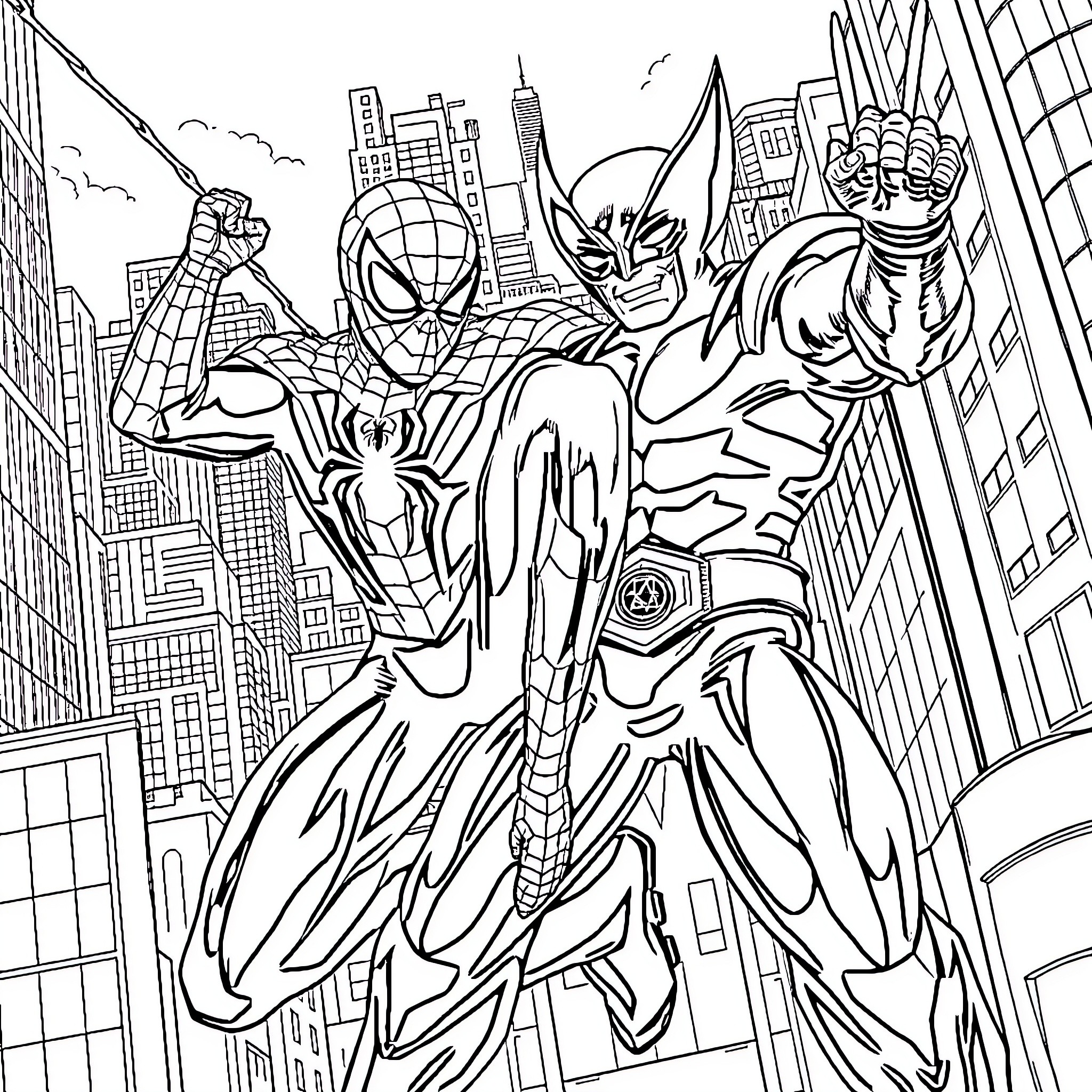 Spiderman and Superheroes in Action Over the City Coloring Page (free black-and-white line drawing printable PDF for all, from beginners to advanced learners, including children, teens, adults, and seniors)
