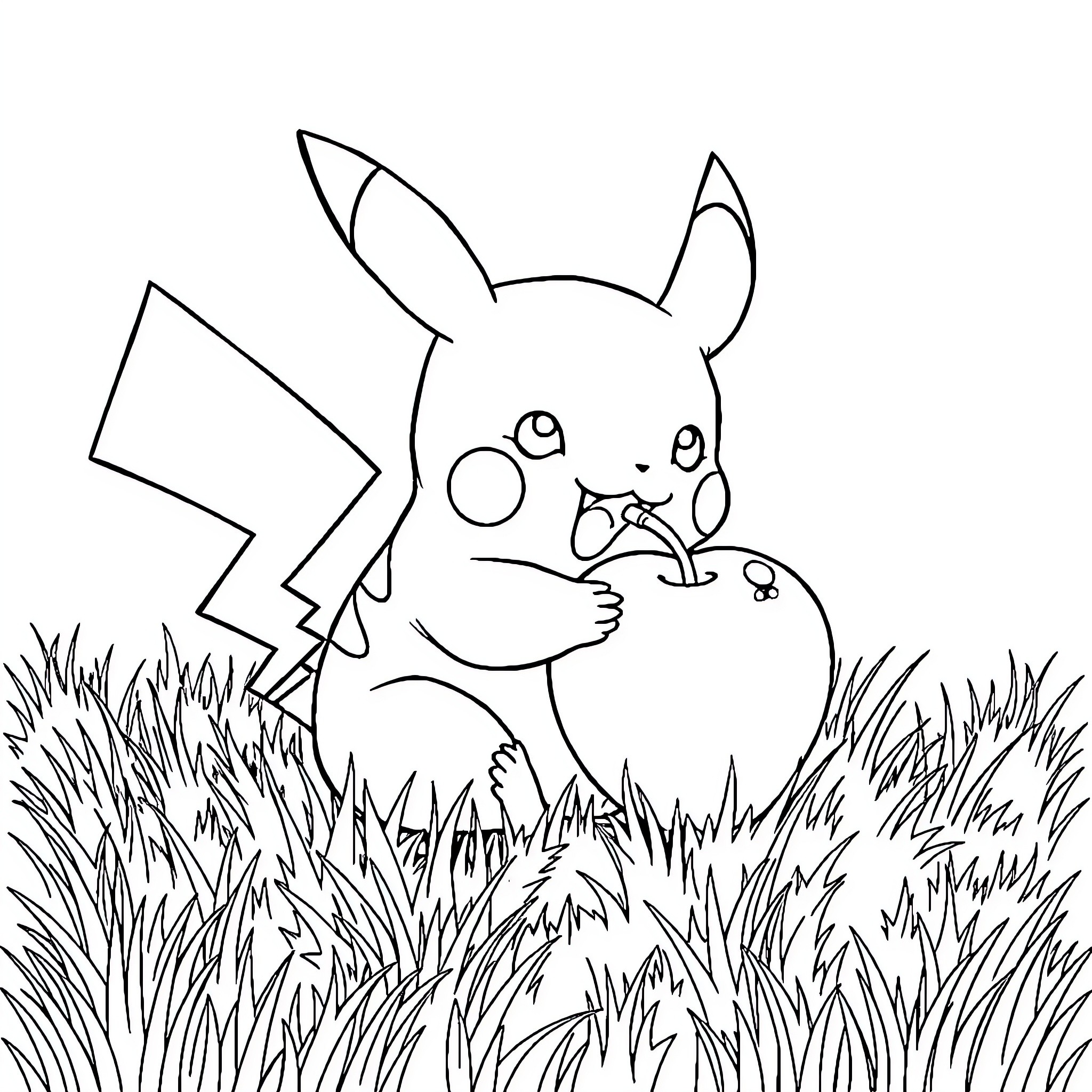 Pikachu playing in the tall grass Coloring Page (free black-and-white line drawing printable PDF for all, from beginners to advanced learners, including children, teens, adults, and seniors)