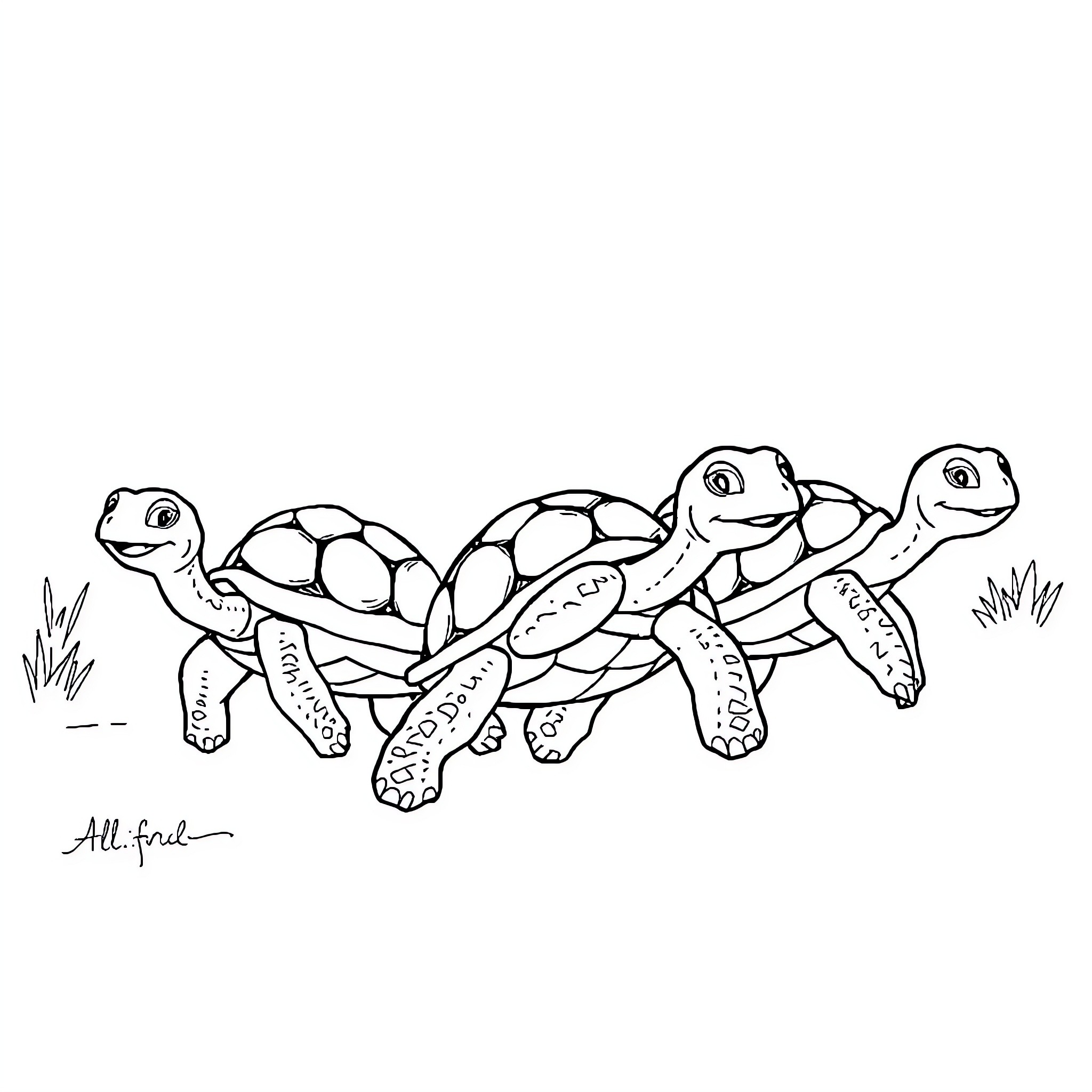 Turtle friends playing together in the grass Coloring Page (free black-and-white line drawing printable PDF for all, from beginners to advanced learners, including children, teens, adults, and seniors)