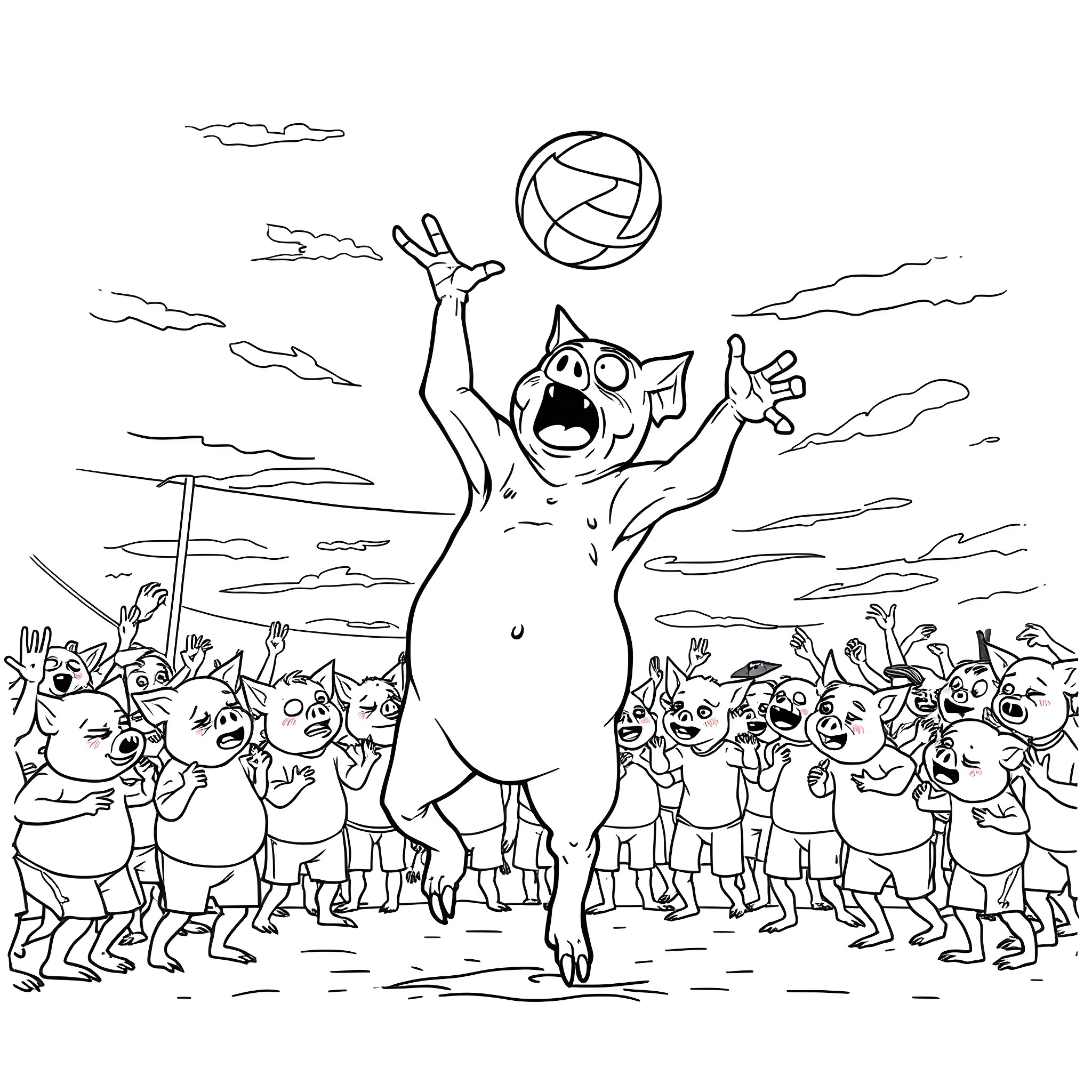 Zombie Piglin rallying a horde of undead followers Coloring Page (free black-and-white line drawing printable PDF for all, from beginners to advanced learners, including children, teens, adults, and seniors)