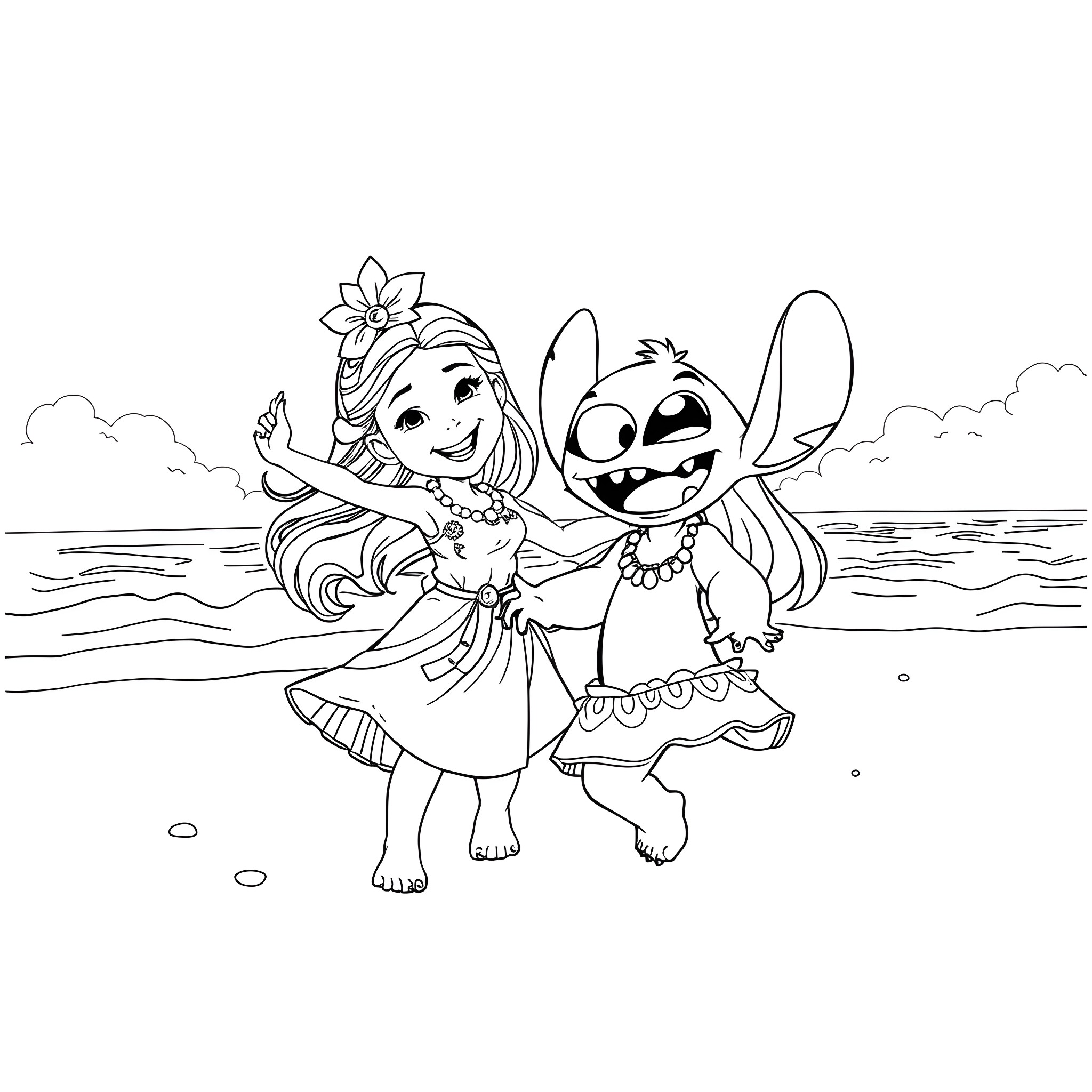 Lilo and Stitch playing together in the beach Coloring Page (free black-and-white line drawing printable PDF for all, from beginners to advanced learners, including children, teens, adults, and seniors)