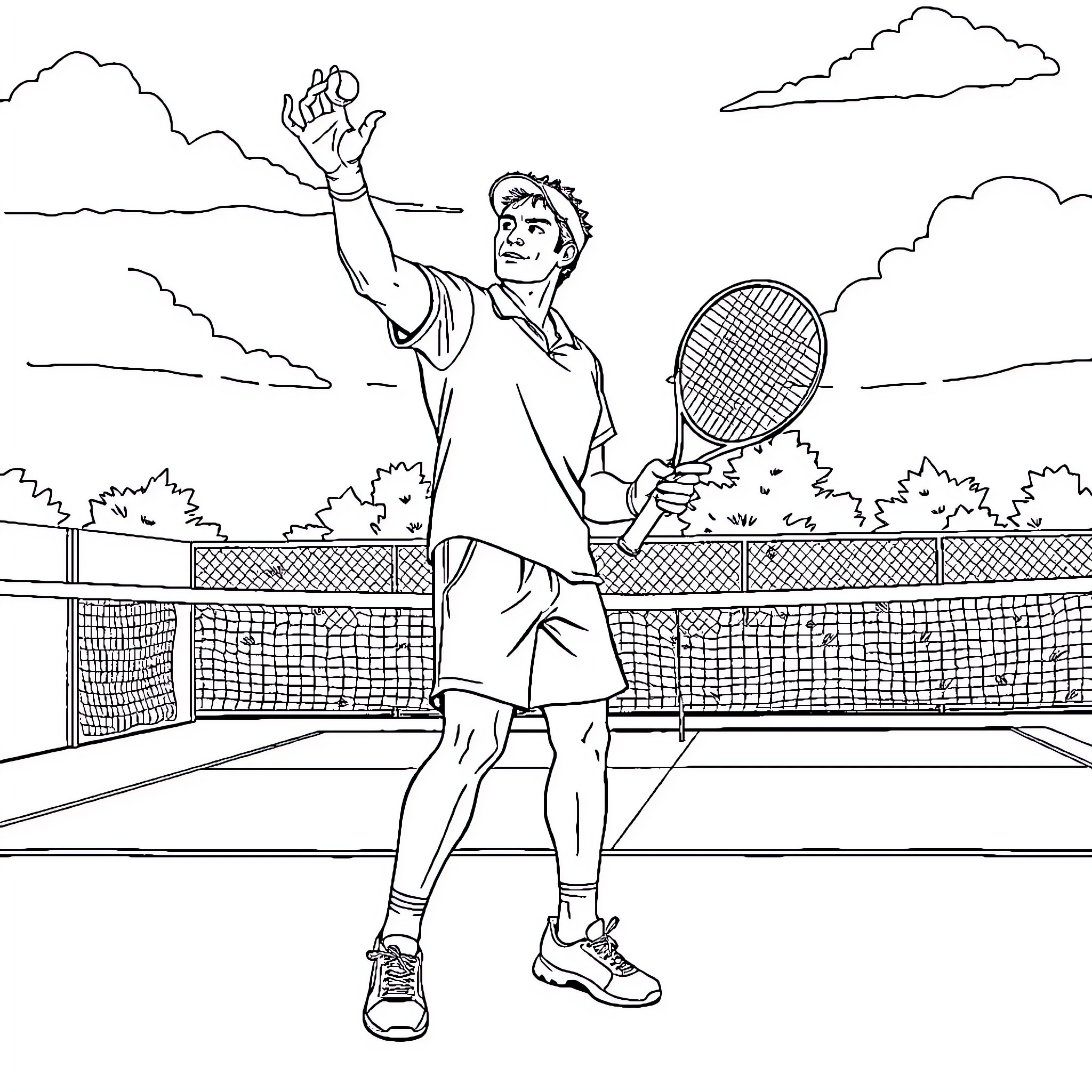 Tennis Player Celebrating Victory on Court Coloring Page (free black-and-white line drawing printable PDF for all, from beginners to advanced learners, including children, teens, adults, and seniors)
