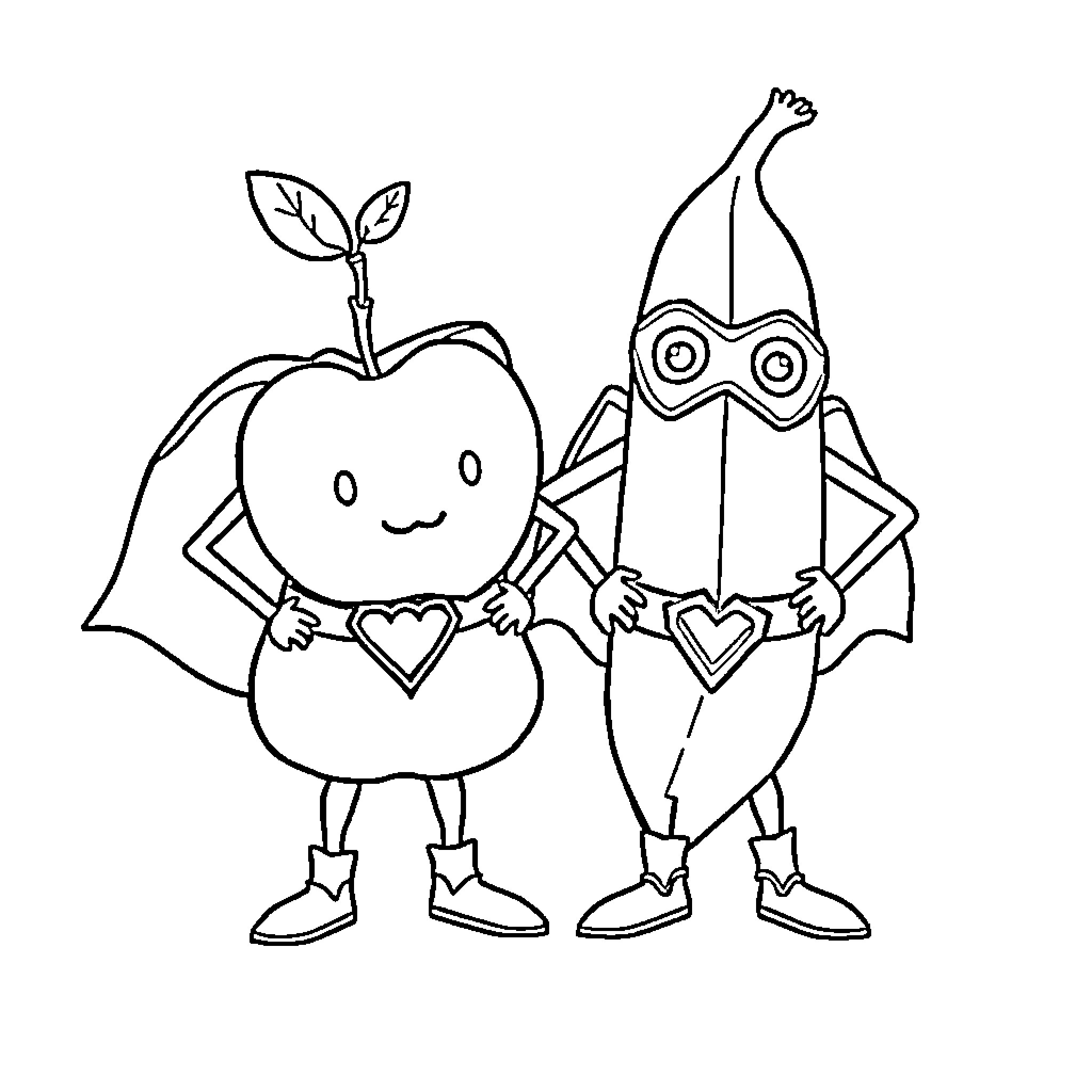 Fruit Friends with Costumes and Hearts Coloring Page (free black-and-white line drawing printable PDF for all, from beginners to advanced learners, including children, teens, adults, and seniors)