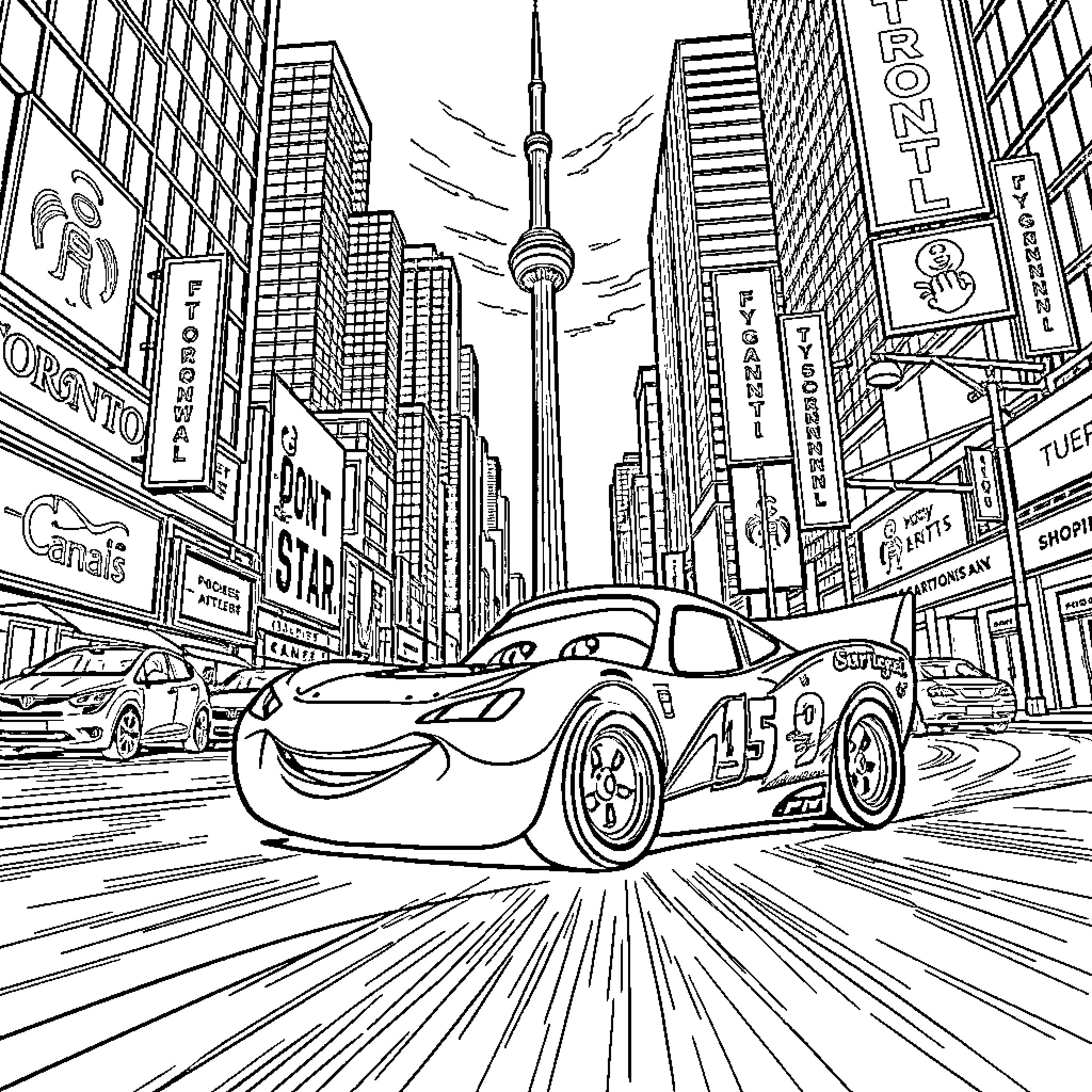 Lightning McQueen races through the city streets Coloring Page (free black-and-white line drawing printable PDF for all, from beginners to advanced learners, including children, teens, adults, and seniors)