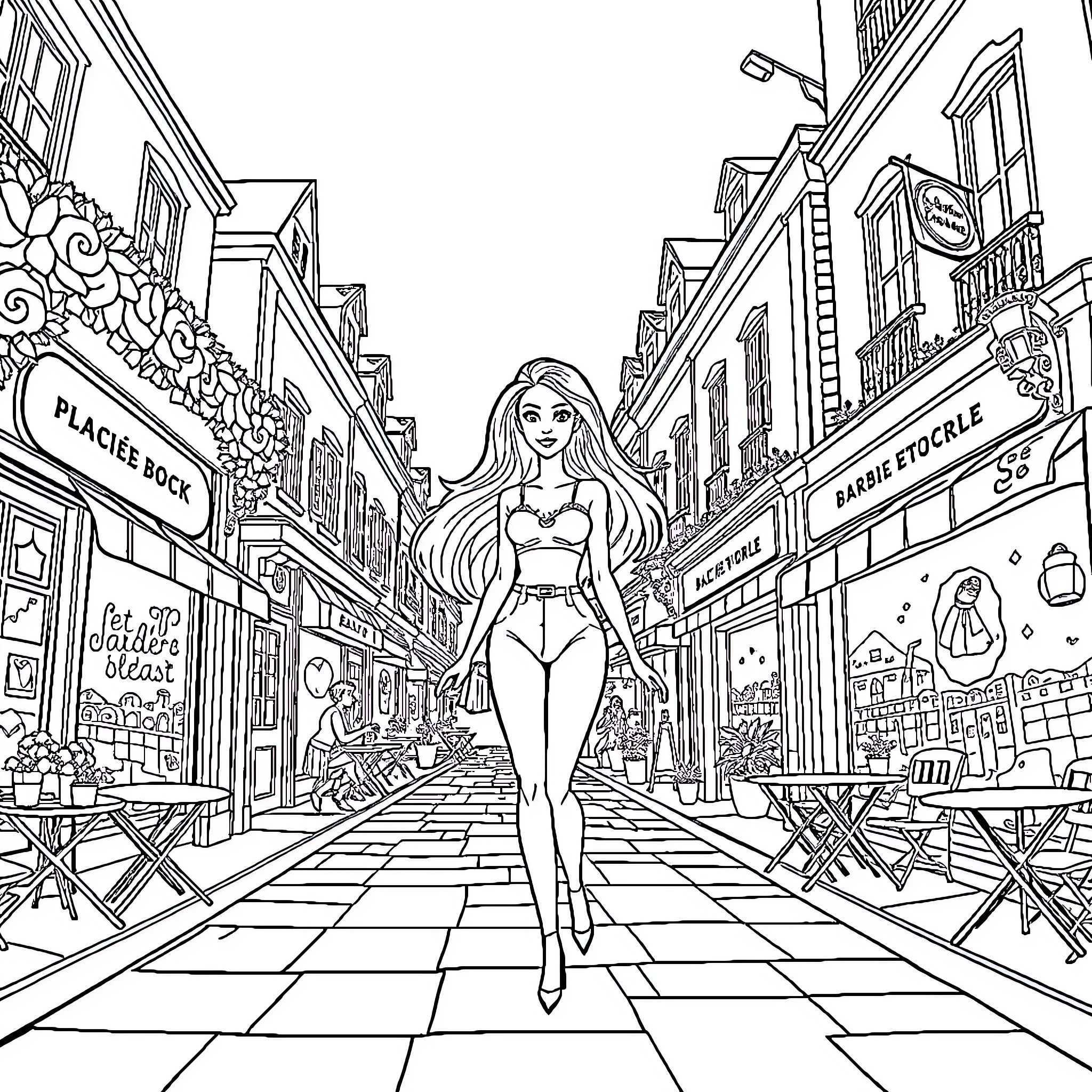 Barbie strolling confidently through a vibrant city street Coloring Page (free black-and-white line drawing printable PDF for all, from beginners to advanced learners, including children, teens, adults, and seniors)