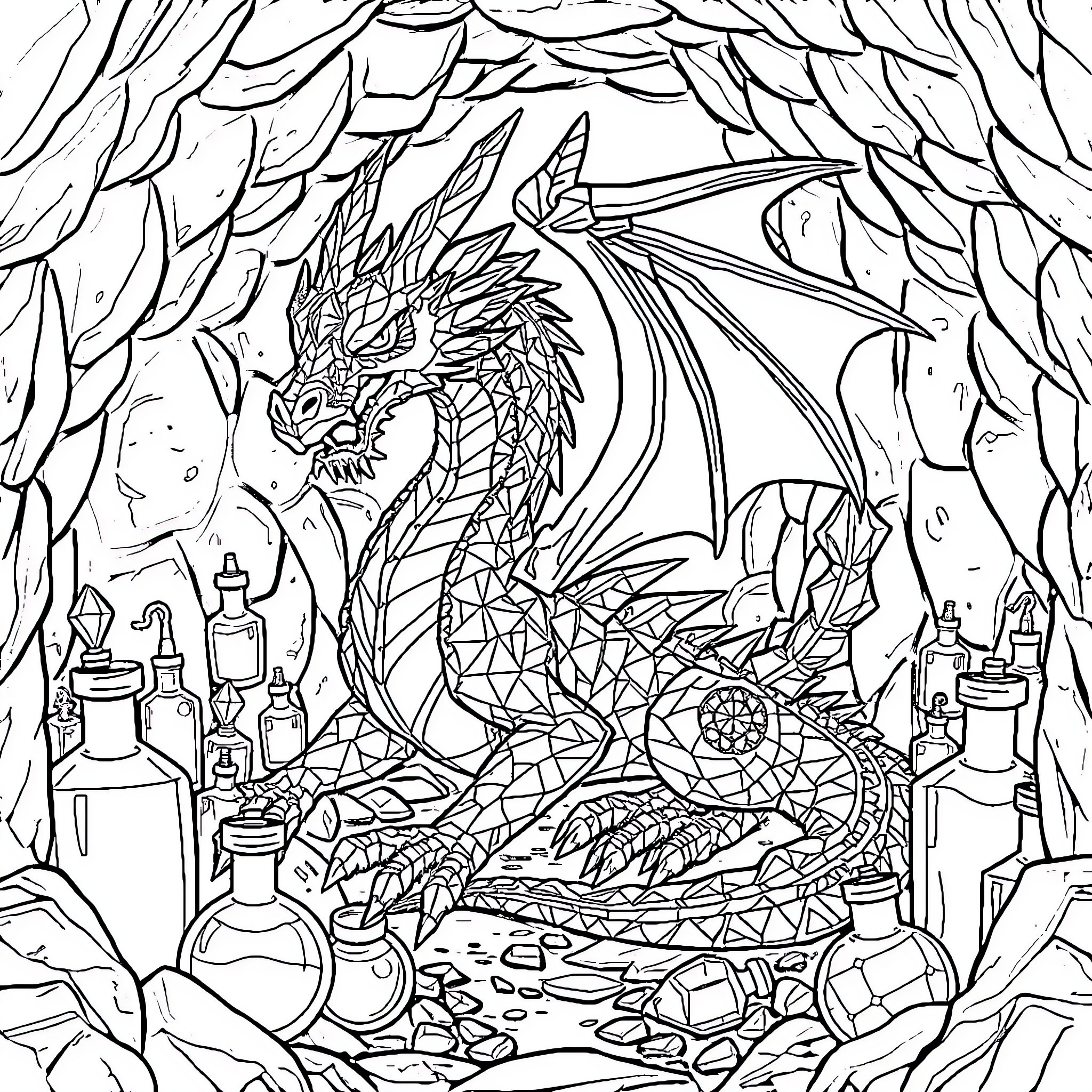 Dragon resting in its magical cave Coloring Page (free black-and-white line drawing printable PDF for all, from beginners to advanced learners, including children, teens, adults, and seniors)