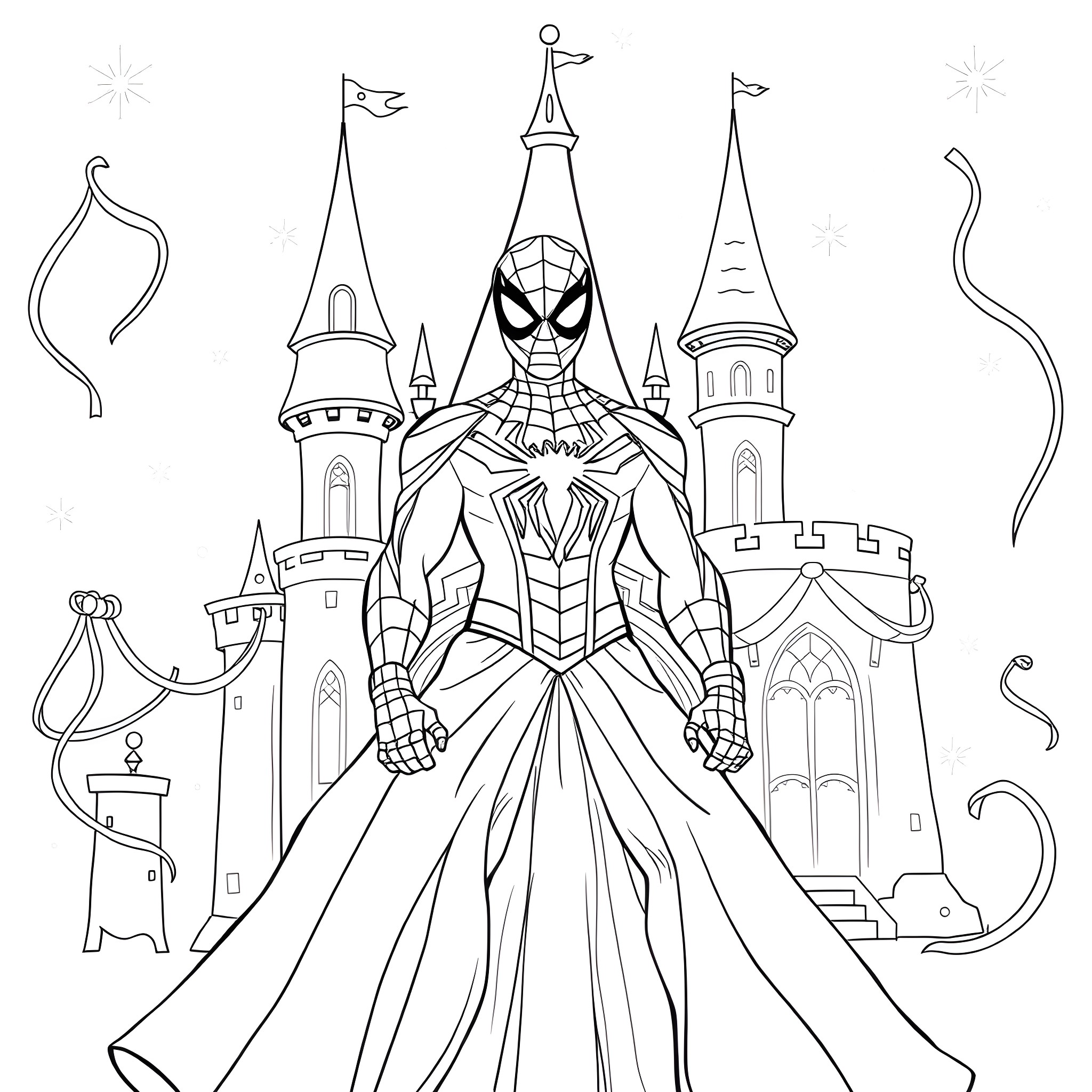 Spiderman posing heroically in front of a fantasy castle Coloring Page (free black-and-white line drawing printable PDF for all, from beginners to advanced learners, including children, teens, adults, and seniors)