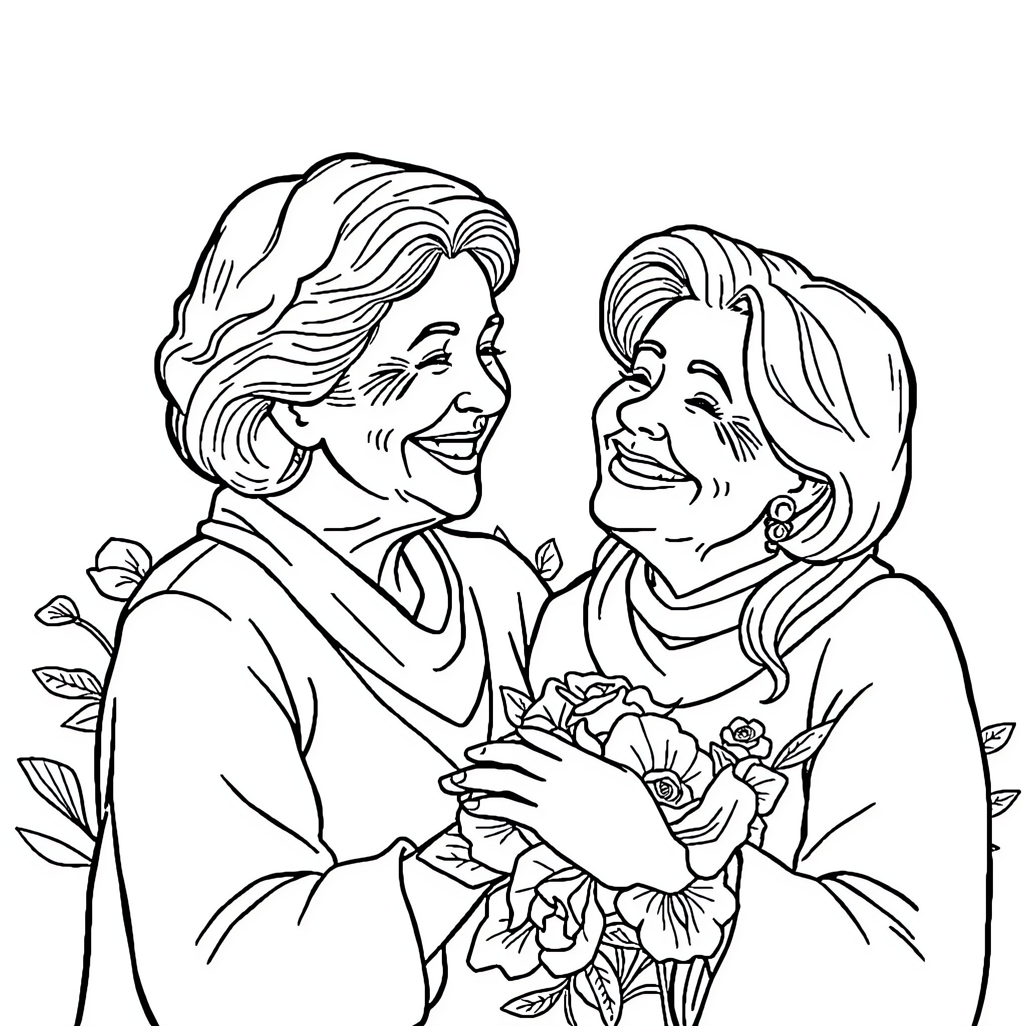 Mom and Daughter Embracing with Flowers Coloring Page (free black-and-white line drawing printable PDF for all, from beginners to advanced learners, including children, teens, adults, and seniors)