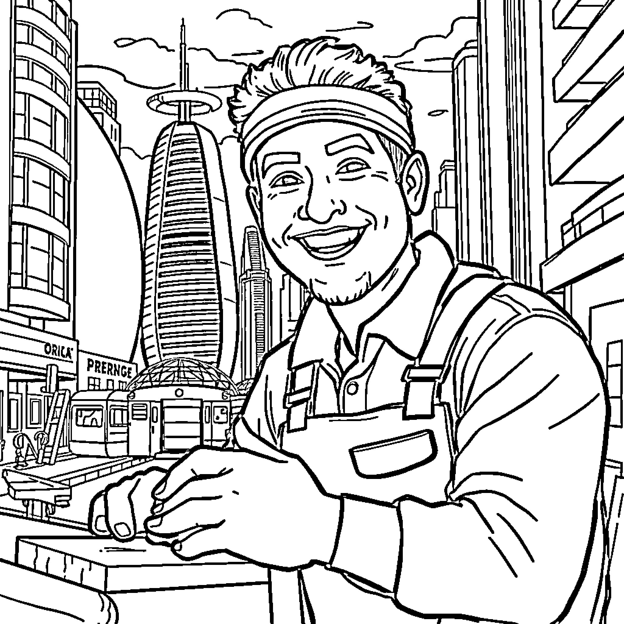 Carpenter smiling at work in the city Coloring Page (free black-and-white line drawing printable PDF for all, from beginners to advanced learners, including children, teens, adults, and seniors)