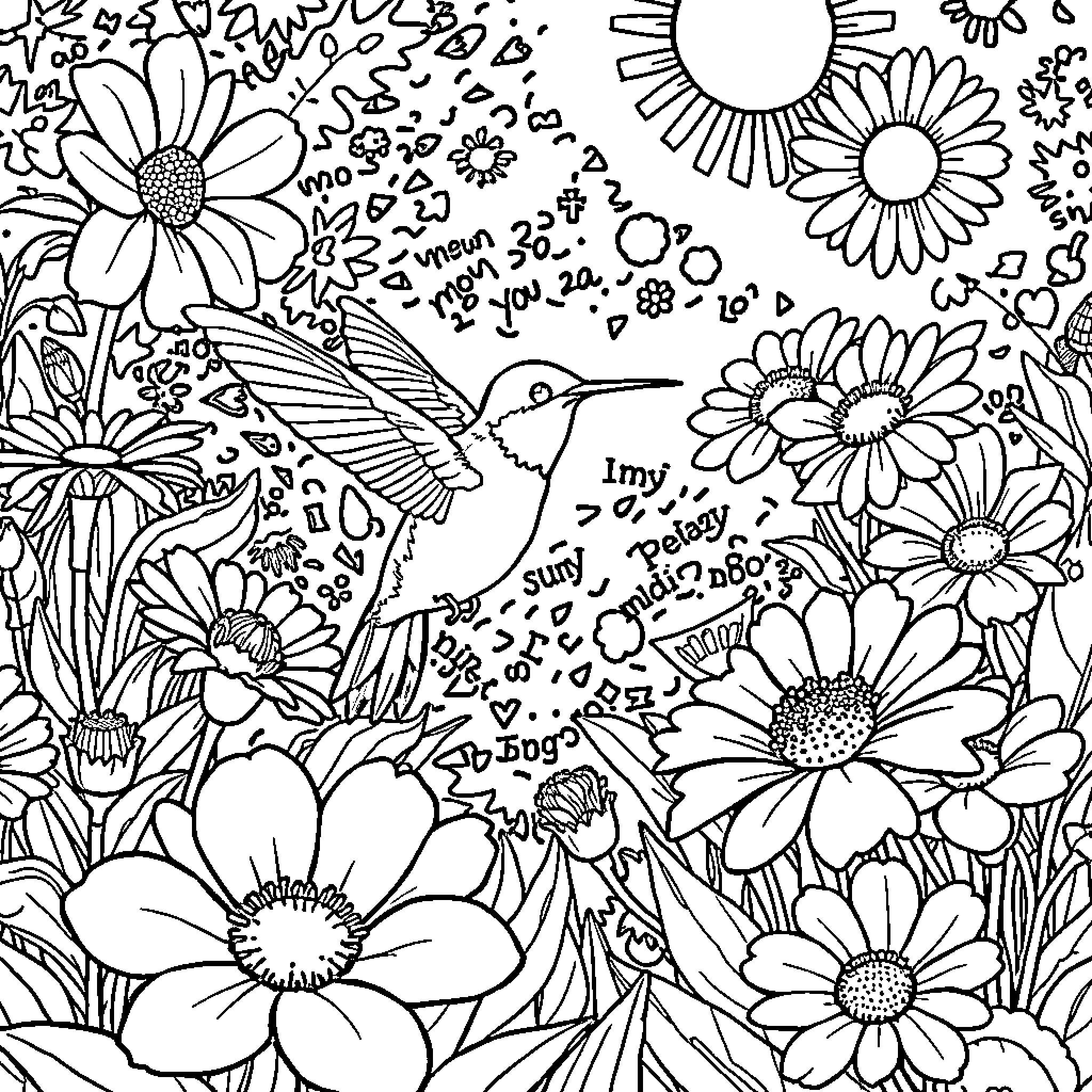 Hummingbird amidst vibrant floral scene Coloring Page (free black-and-white line drawing printable PDF for all, from beginners to advanced learners, including children, teens, adults, and seniors)