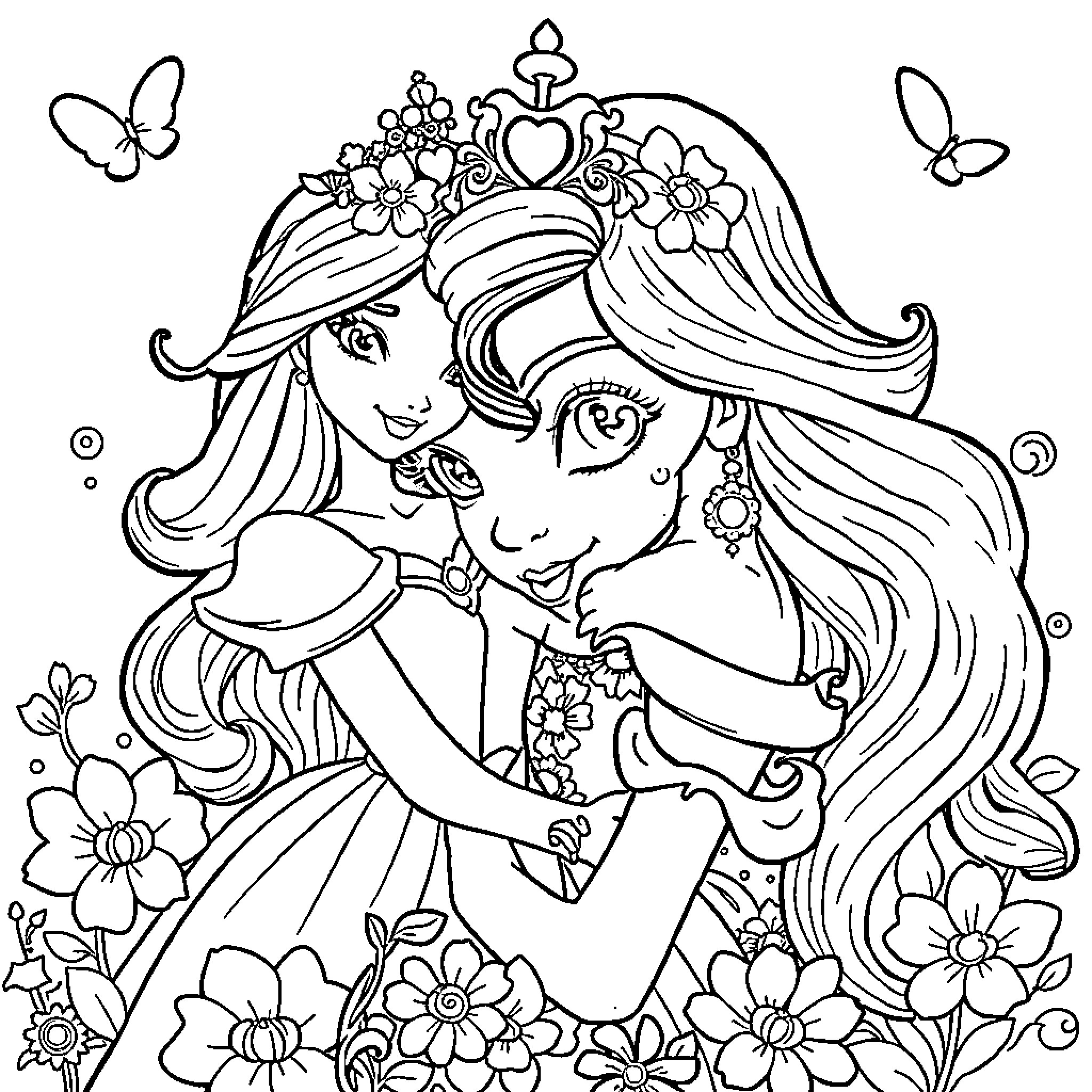 Princess Gracefully Dancing with Butterfly Friends Coloring Page (free black-and-white line drawing printable PDF for all, from beginners to advanced learners, including children, teens, adults, and seniors)