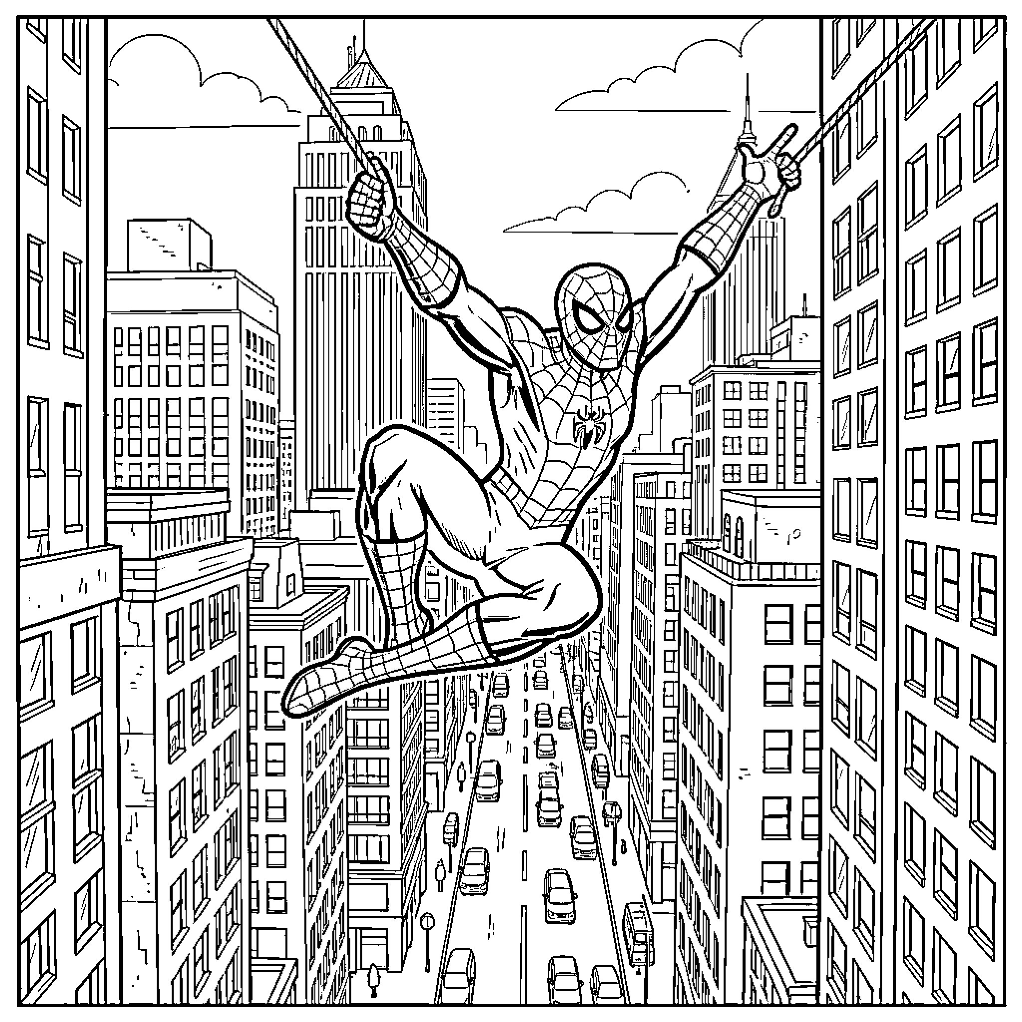 Spiderman swinging through a busy city landscape Coloring Page (free black-and-white line drawing printable PDF for all, from beginners to advanced learners, including children, teens, adults, and seniors)