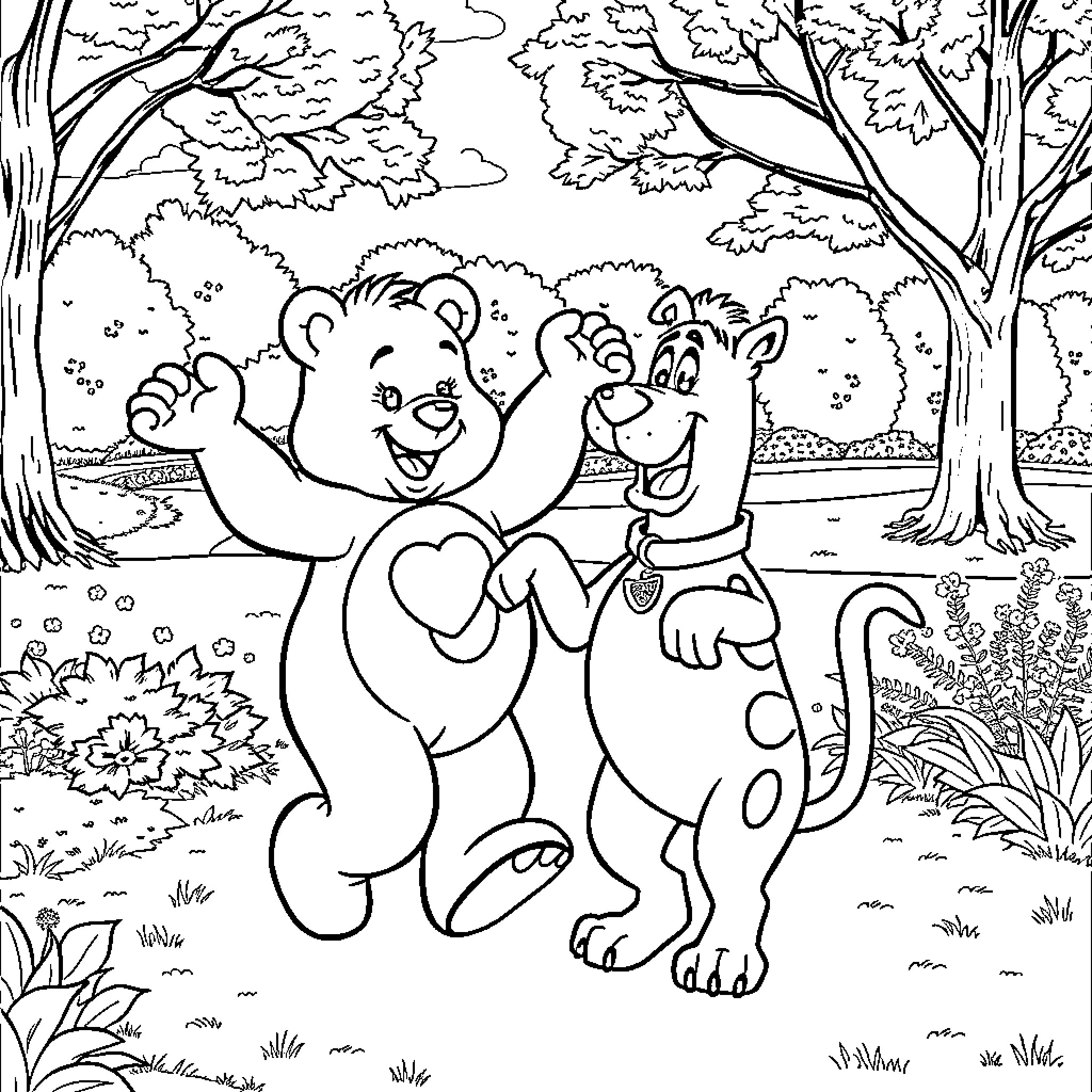Care Bears dancing together in a forest scene Coloring Page (free black-and-white line drawing printable PDF for all, from beginners to advanced learners, including children, teens, adults, and seniors)