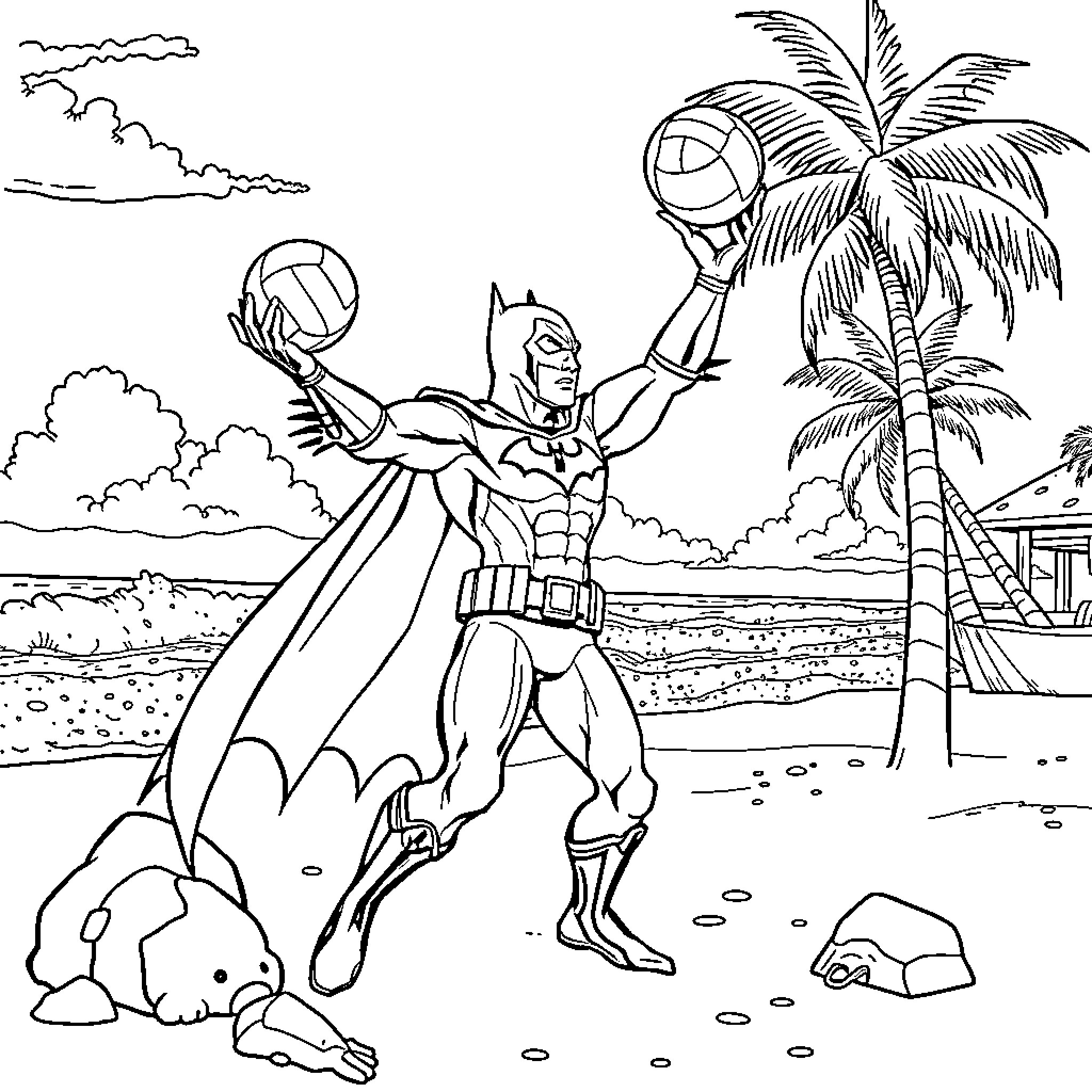 Batman playing volleyball on a tropical beach Coloring Page (free black-and-white line drawing printable PDF for all, from beginners to advanced learners, including children, teens, adults, and seniors)