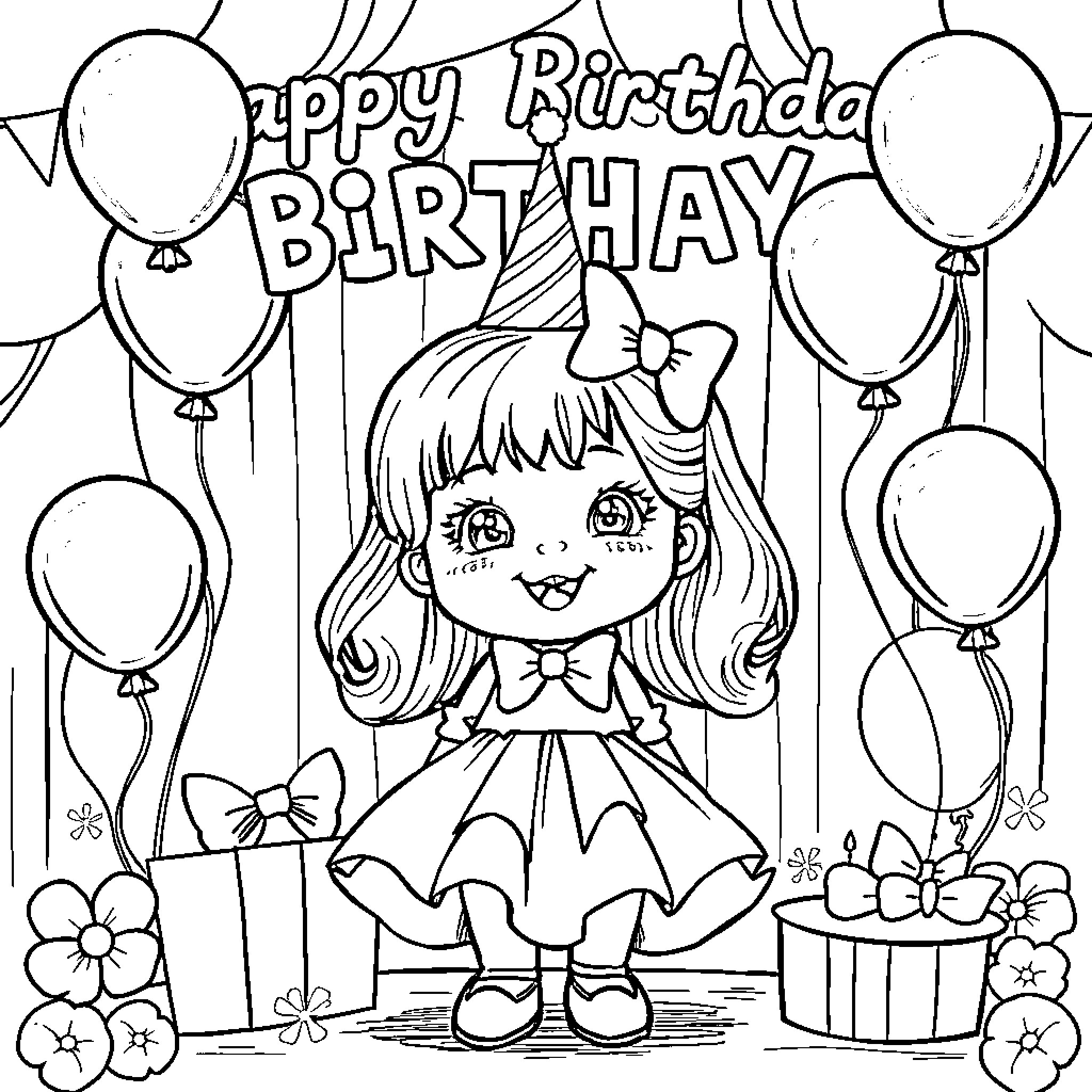 Birthday Celebration with Happy Girl and Balloons Coloring Page (free black-and-white line drawing printable PDF for all, from beginners to advanced learners, including children, teens, adults, and seniors)