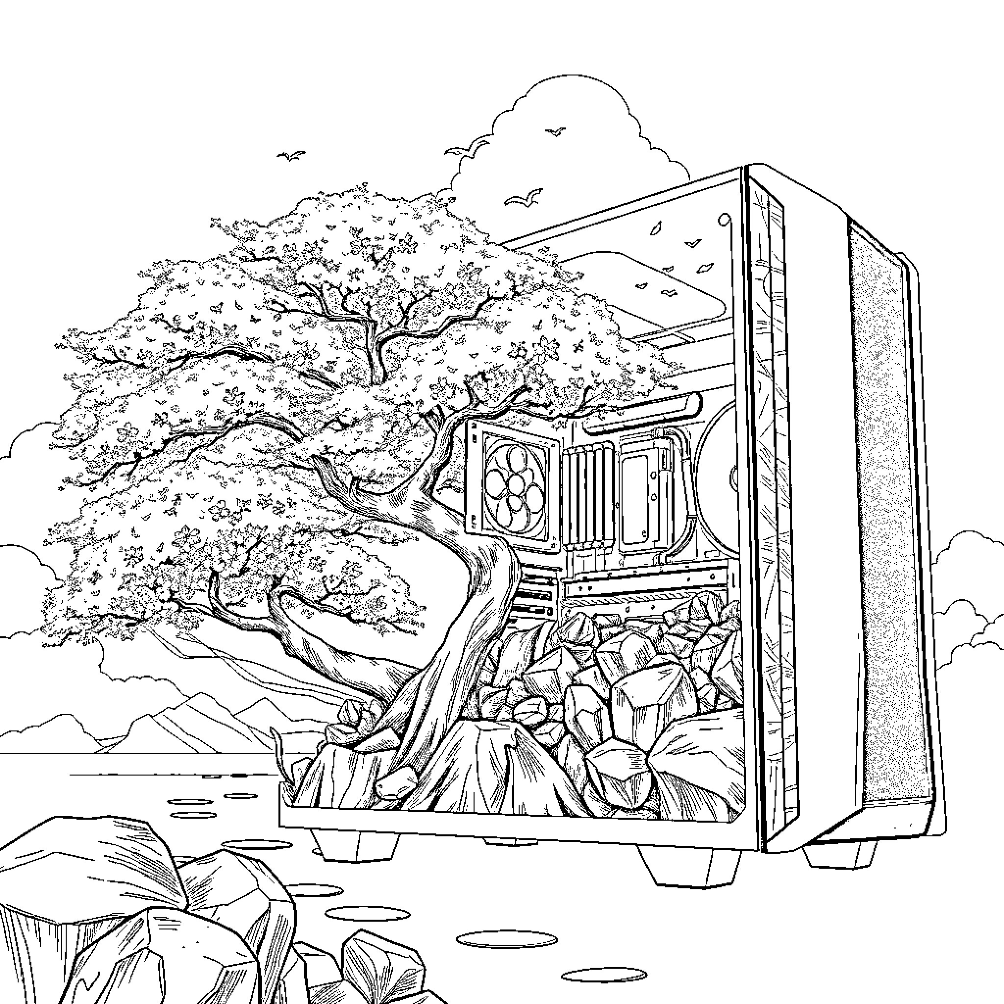 PC Case with Serene Landscape and Bonsai Tree Coloring Page (free black-and-white line drawing printable PDF for all, from beginners to advanced learners, including children, teens, adults, and seniors)